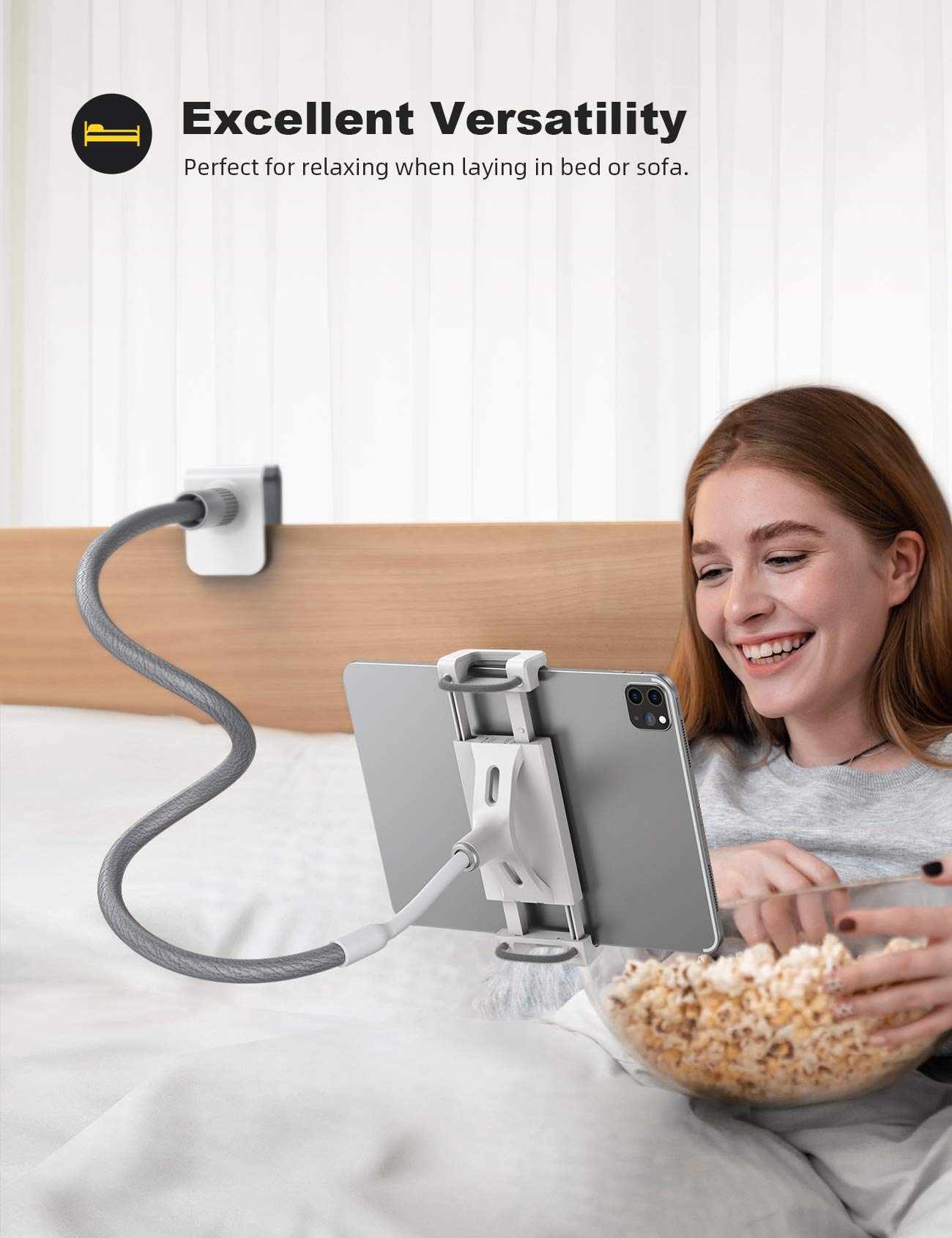 Lamicall Gooseneck Tablet Holder, Tablet Stand : Flexible Arm Clip Tablet Mount Gifts, Compatible with iPad mini Pro Air, Kindle, Switch, Galaxy Tabs, More 4.7-10.5" Devices - Gray