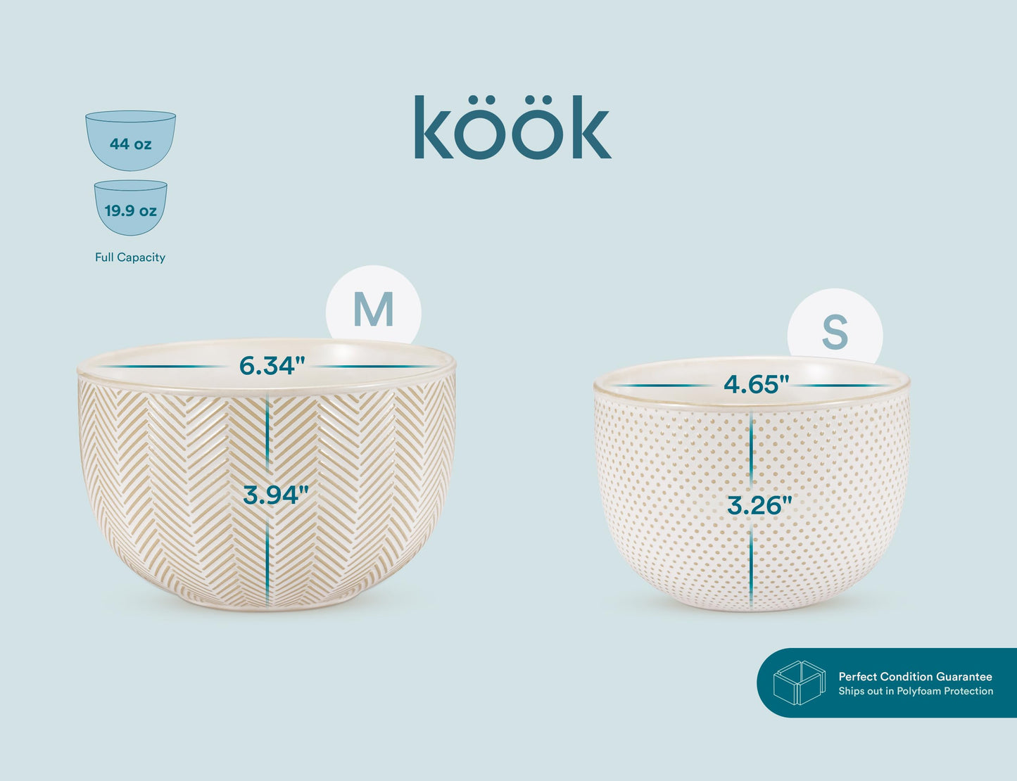 KooK Ceramic Mixing Bowls, Nesting Set of 4, Embossed Kitchen Dishware, Prep, Serving, Gift, Microwave and Dishwasher Safe, 20/44/98/145 oz, Narbonne Collection (Ivory)