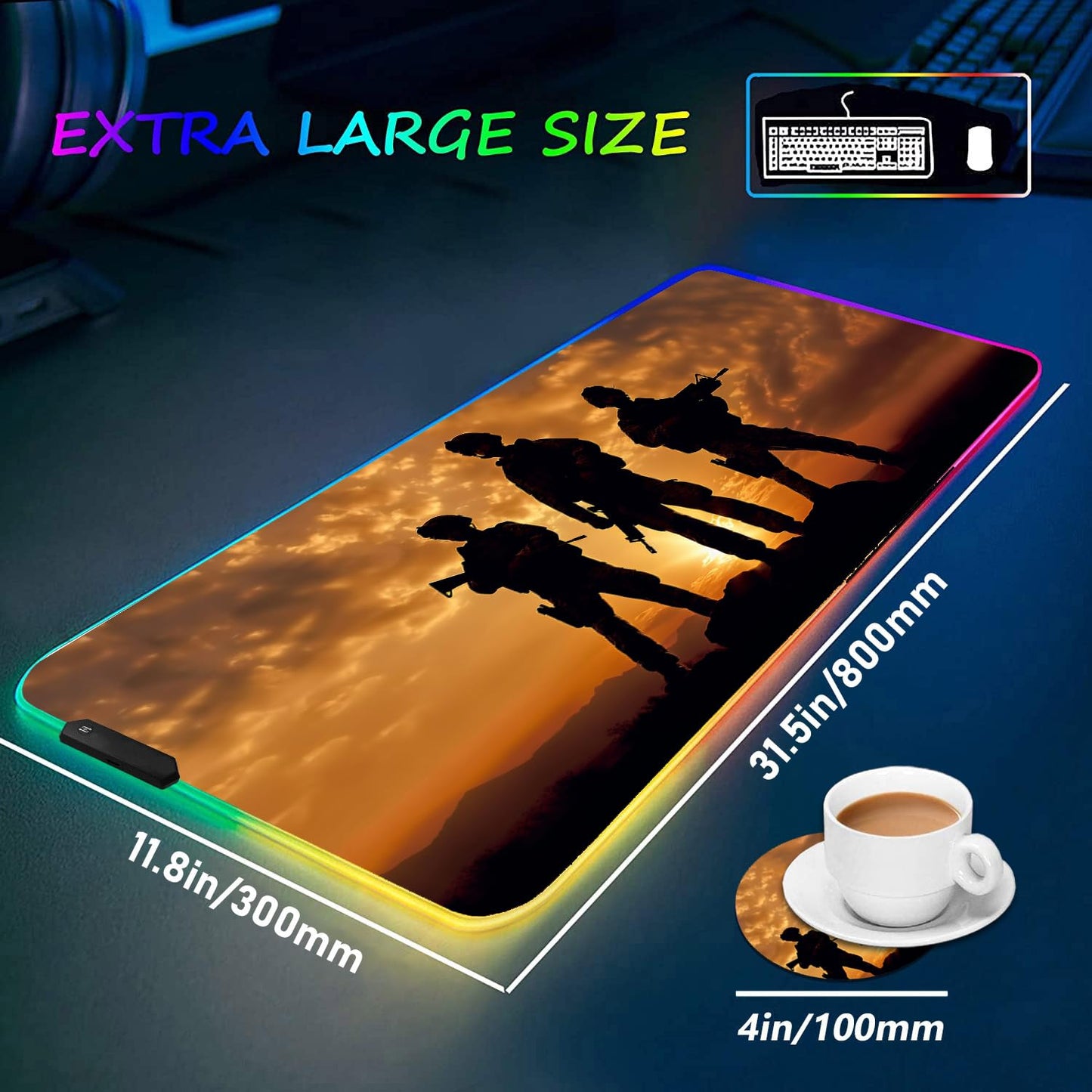 ZOXOHO RGB Gaming Mouse Pad with Coffee Coaster, Large Glowing LED Mouse Pad, Anti-Slip Rubber Base Computer Keyboard Desk Mouse Mat 31.5 X 11.8 Inch, American Army Troops Military
