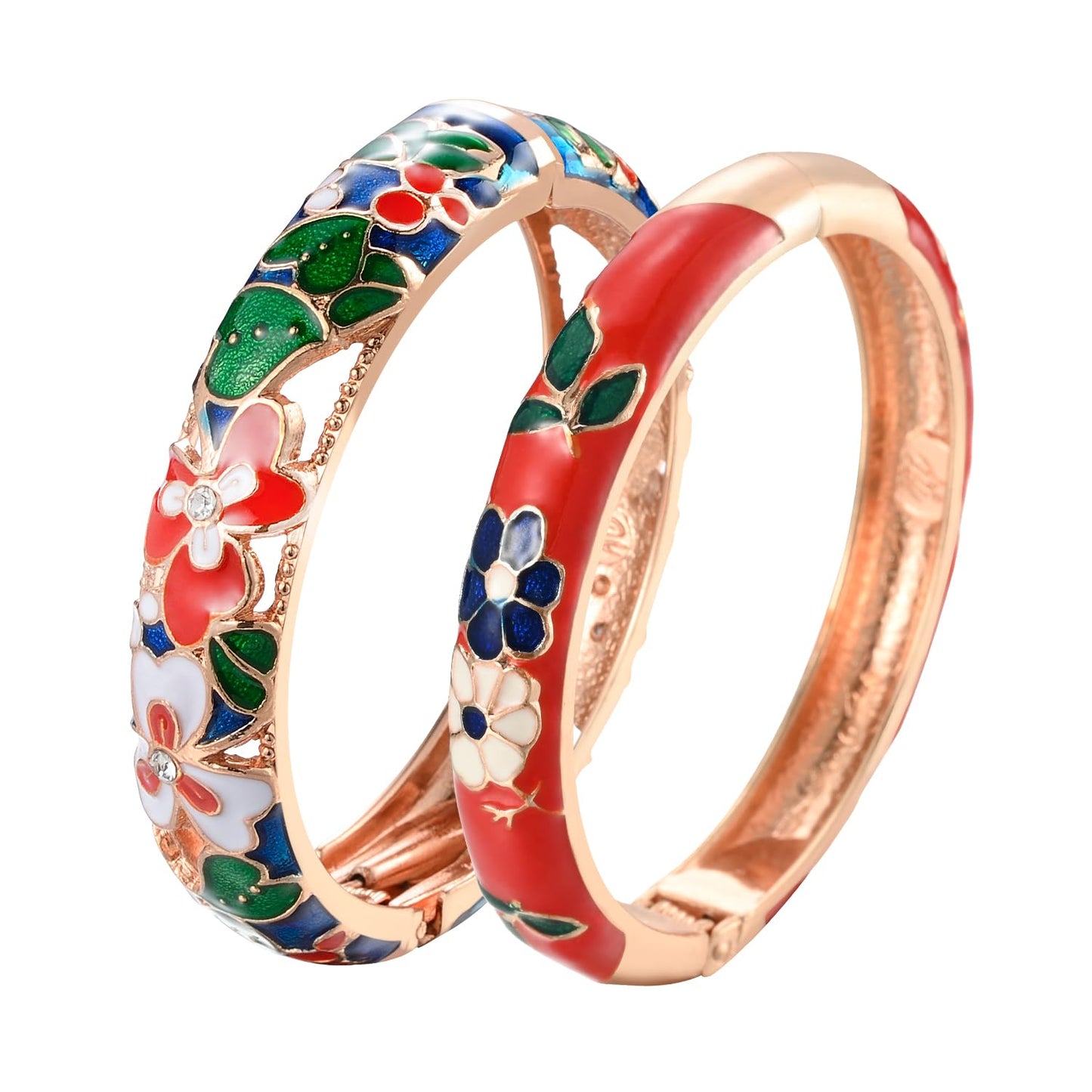UJOY Vintage Cloisonne Jewelry Bracelet Plated Handmade Bead Rhinestones Enamel Spring Cuff Bangles 2 Pcs Set for Womens Gift 88A22-55A42 blue red