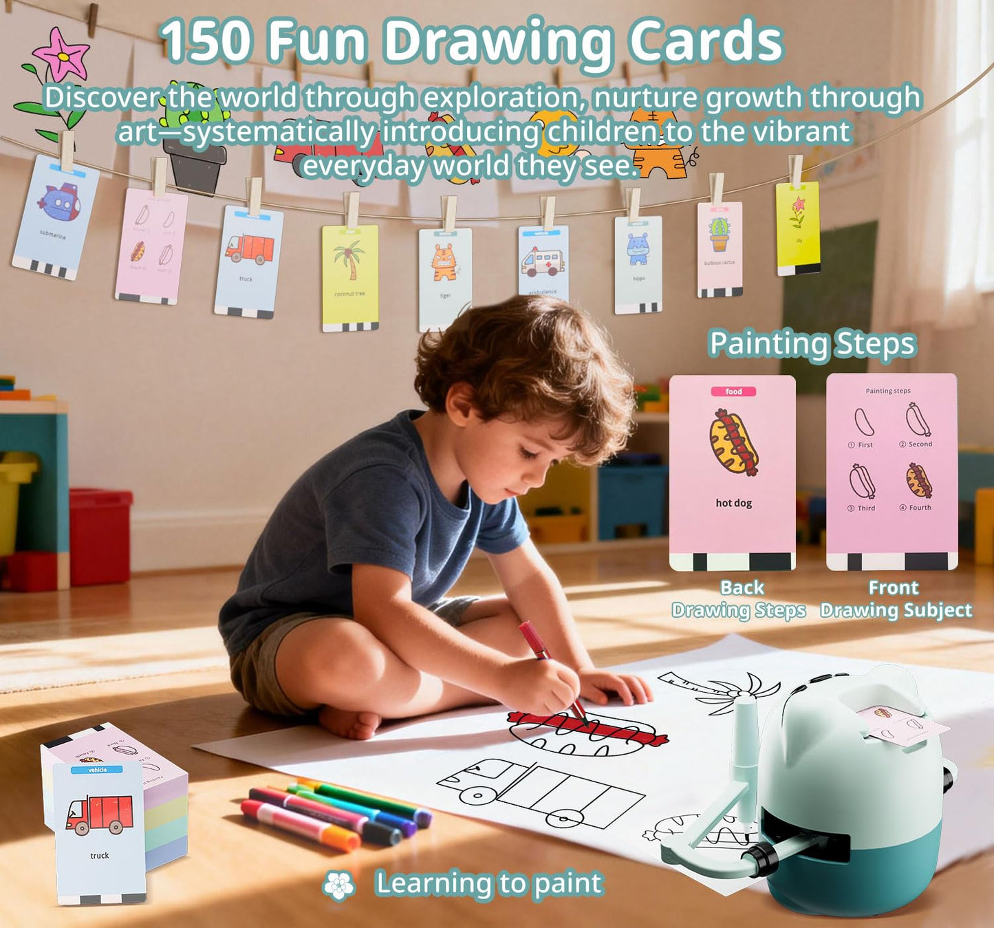 Drawing Robot for Kids with 150 Cards& 12 Color Pens，Montessori Drawing Learning Toys,Interactive Educational Robot Drawing Machine for 3 4 5 6 7 8 Year Old Boys Girls Christmas Birthday Party Present
