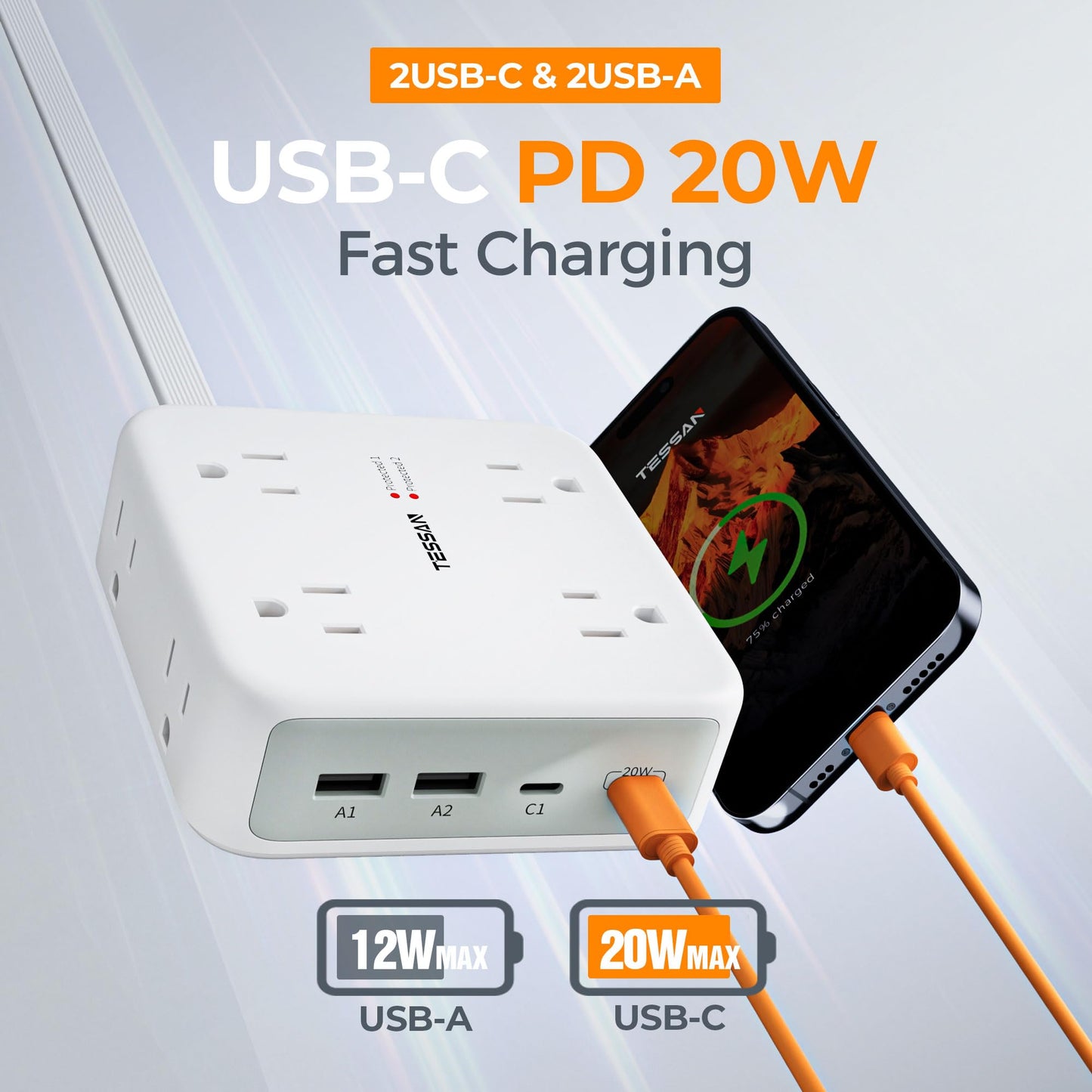 TESSAN Dual Surge Protector Power Strip, 5 Ft Extension Cord Flat Wall Plug with 4 USB (2 USB C) 8 Outlets, 2100J Surge Protection, 20W Multiple Charging Station for Home, Office, College, Dorm, Grey