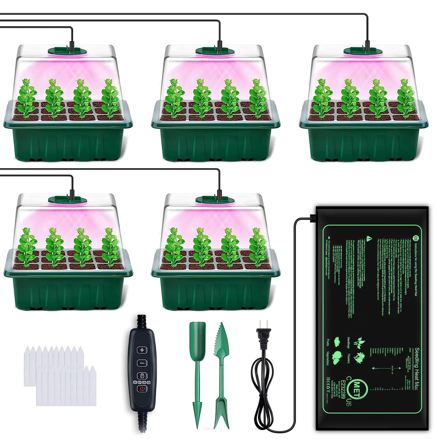 YAUNGEL Seed Starter Tray with Grow Light, 5 Pack Seed Starter Kit with Heat Mat, Seedling Starter Trays with Timing Controller Adjustable Brightness, Thicken Trays with Humidity Domes