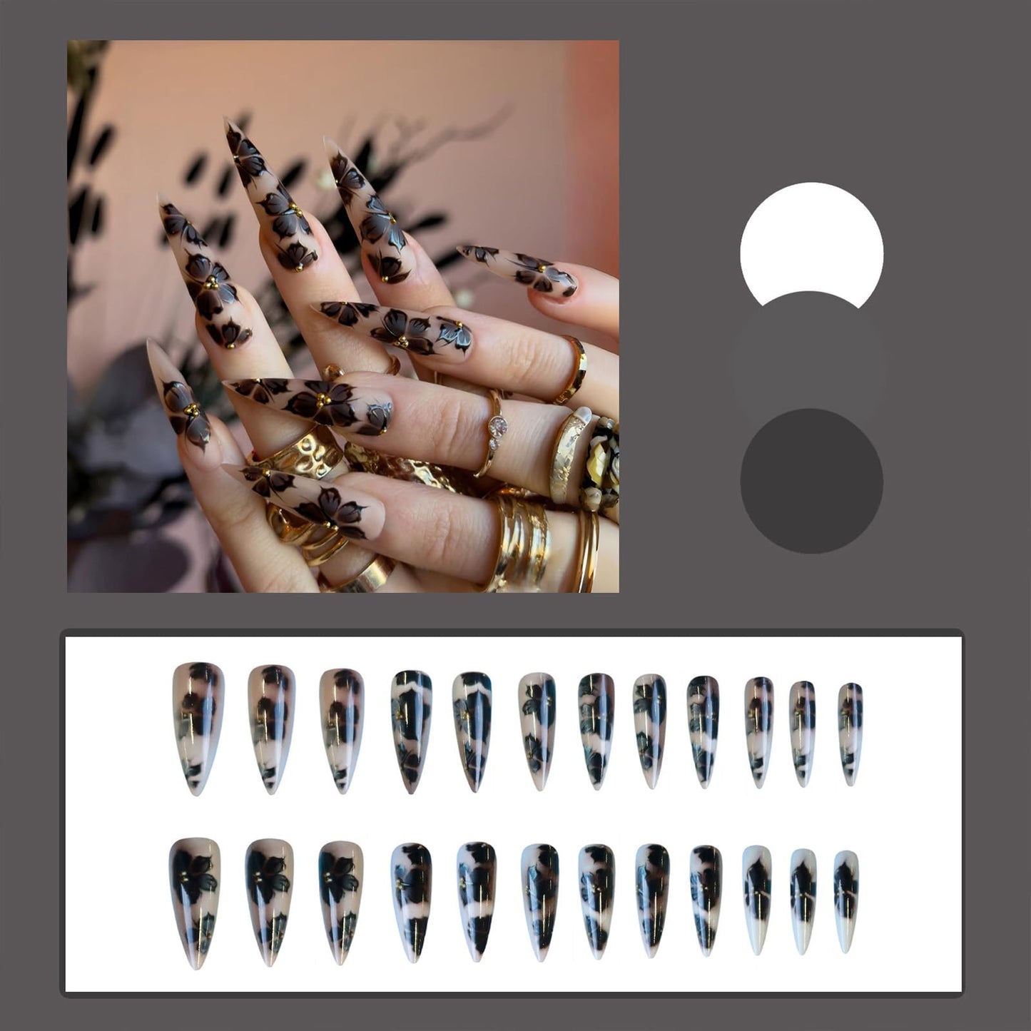 SINHOT Stiletto Press on Nails - Long Fake Nails, Matte Finish, Nude Black Flower & 3D Gold Pearls, Reusable Artificial False Nail Art - 24 Pcs Nail Kit with Glue