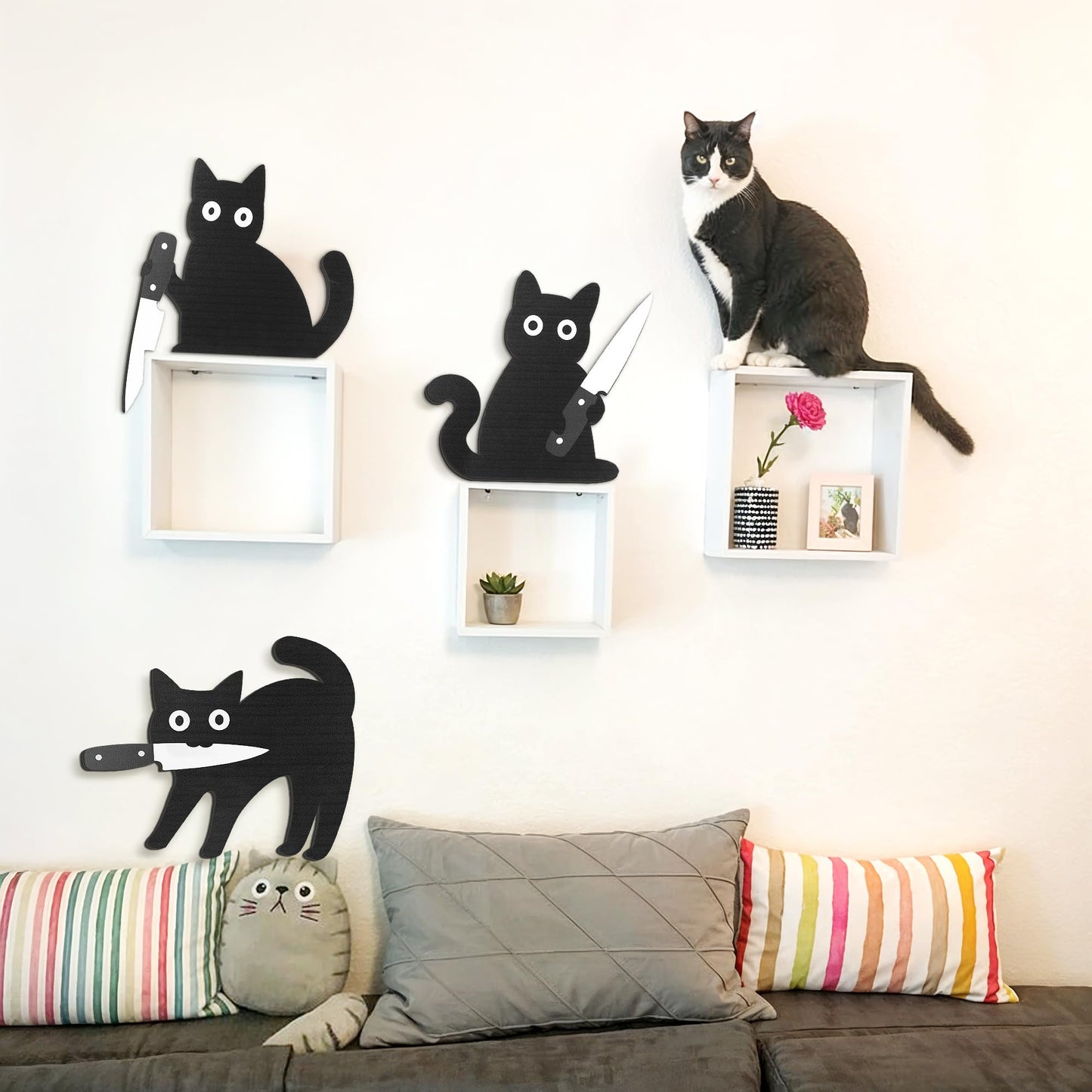 Dripykiaa Funny Black Cat Wall Decor, 3PCS Wooden Black Cat Decorations, Unique for Cats Lovers, Holiday Home Décor, Gifts for Women, Stocking Stuffers