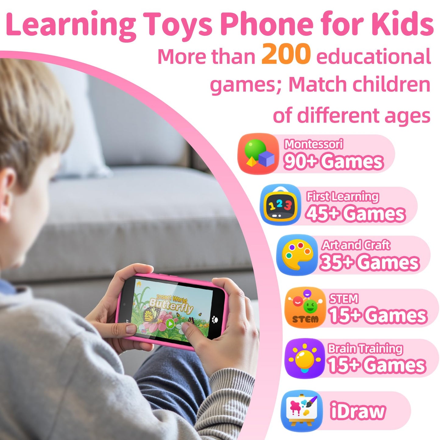 MOMILLA Kids Smart Phone with Dual Camera, 3.97" Touchscreen, 200+ Educational Games, Learning Toys with Parental Control for Ages 3-12, No SIM Birthday Gifts