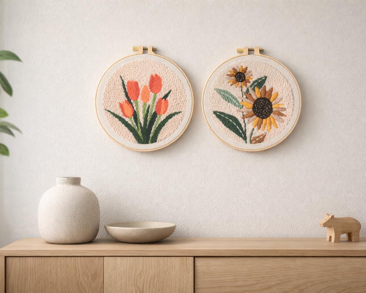 DS. DISTINCTIVE STYLE 2Pcs Embroidery Kits for Beginners,DIY Embroidery Starter Kit,Beginner Cross Stitch Kits for Adults with Instructions,Pattern,Yarns,Hoops,Threader Tools (Sunflowers&Tulips)