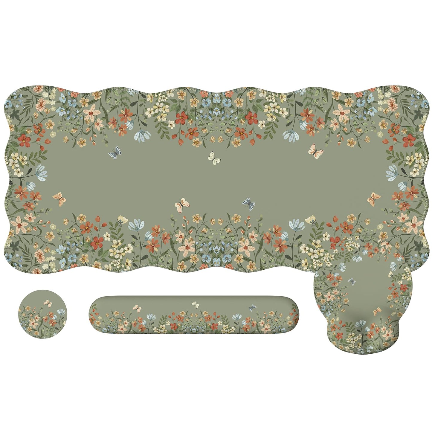 iCasso Desk Mat Set,Large Mouse Pad with Wrist Rest,Ergonomic Keyboard Wrist Support for Women,Girly Floral Computer Mat with Scalloped Edges,Non-Slip Desk Pad Home Office Gaming (Green)