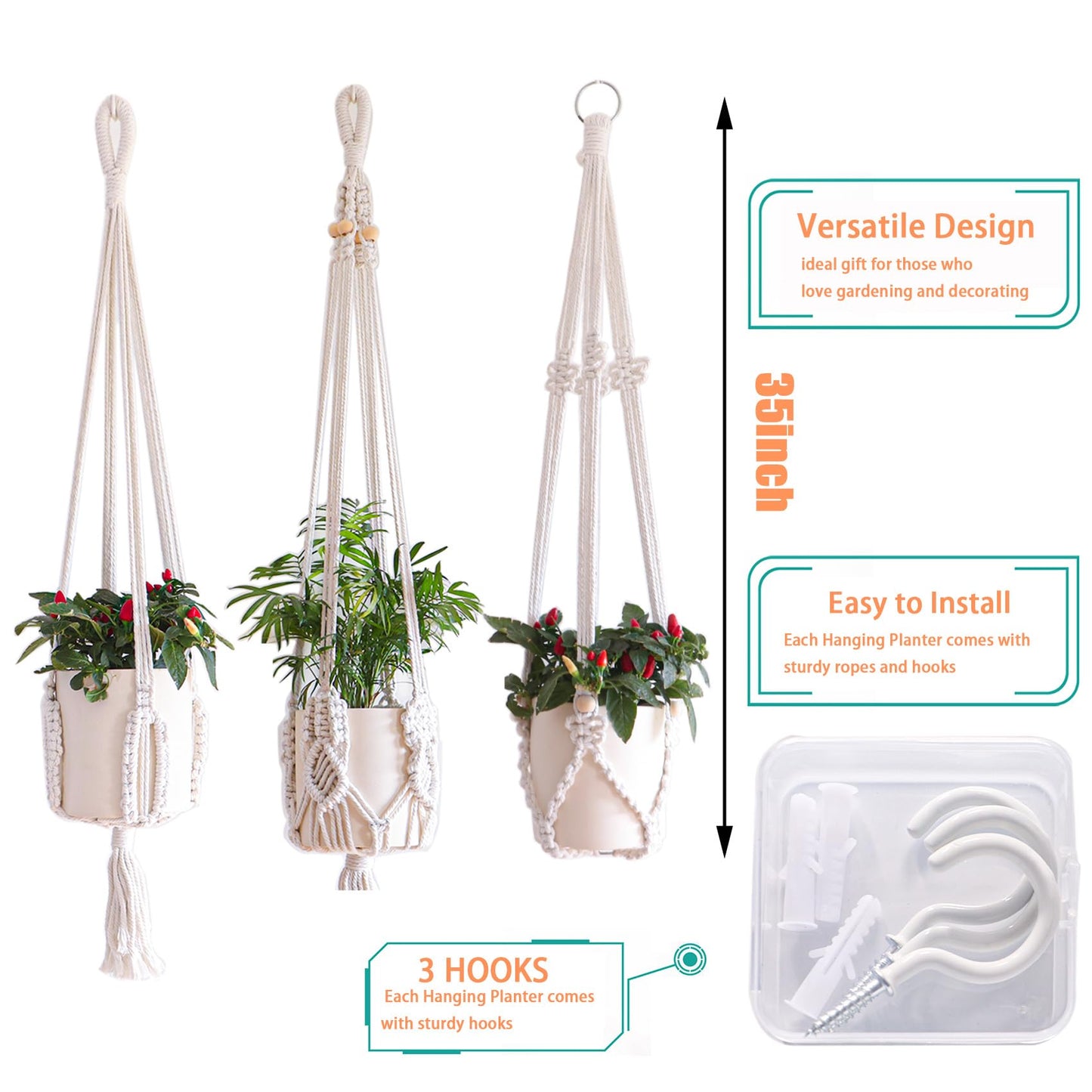 TENEWEE 3 Pack Macrame Plant Hangers Handmade Woven Boho Hanging Planters for Indoor Plants Window Balcony Home Decor