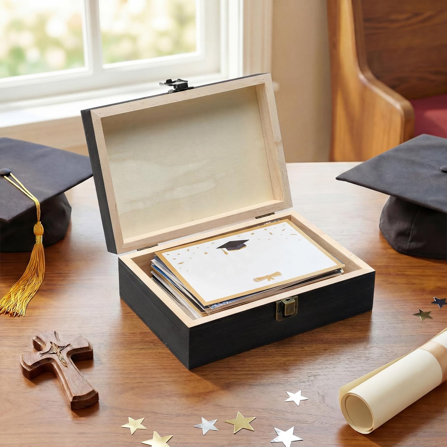 Seeloowy Graduation Memory Keepsake Box with Photo Custom 2026 Large Grad Card Box with Customized Picture Gift for Him Her for Graduate Grad High School Party(Black,Religious)