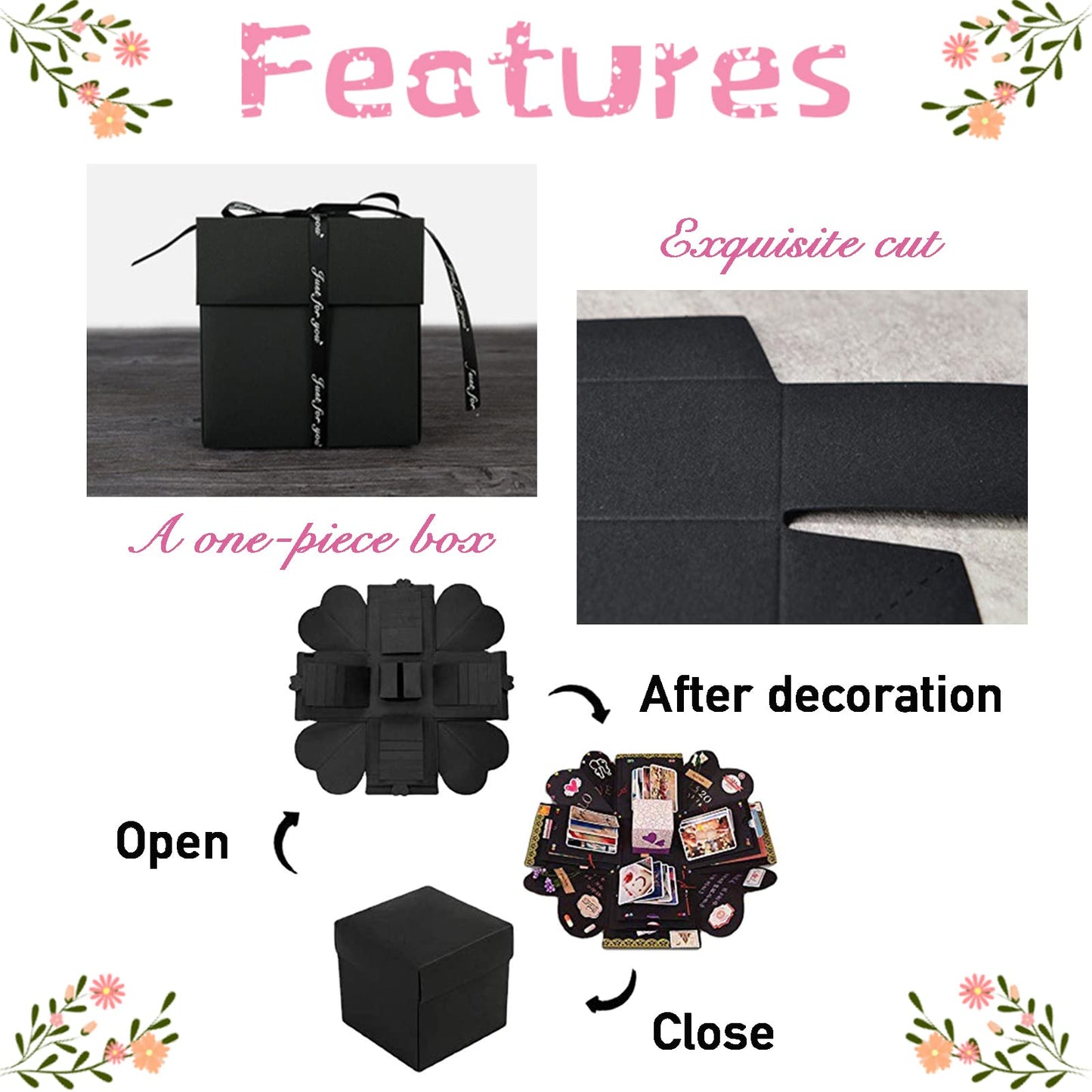 Hamiggaa Explosion Box Gifts,Surprise Creative DIY Photo,Exploding Love Box,Love Memory Photo Box with 4 Faces for Anniversary,Birthday,Valentine's Day and Wedding(Black)