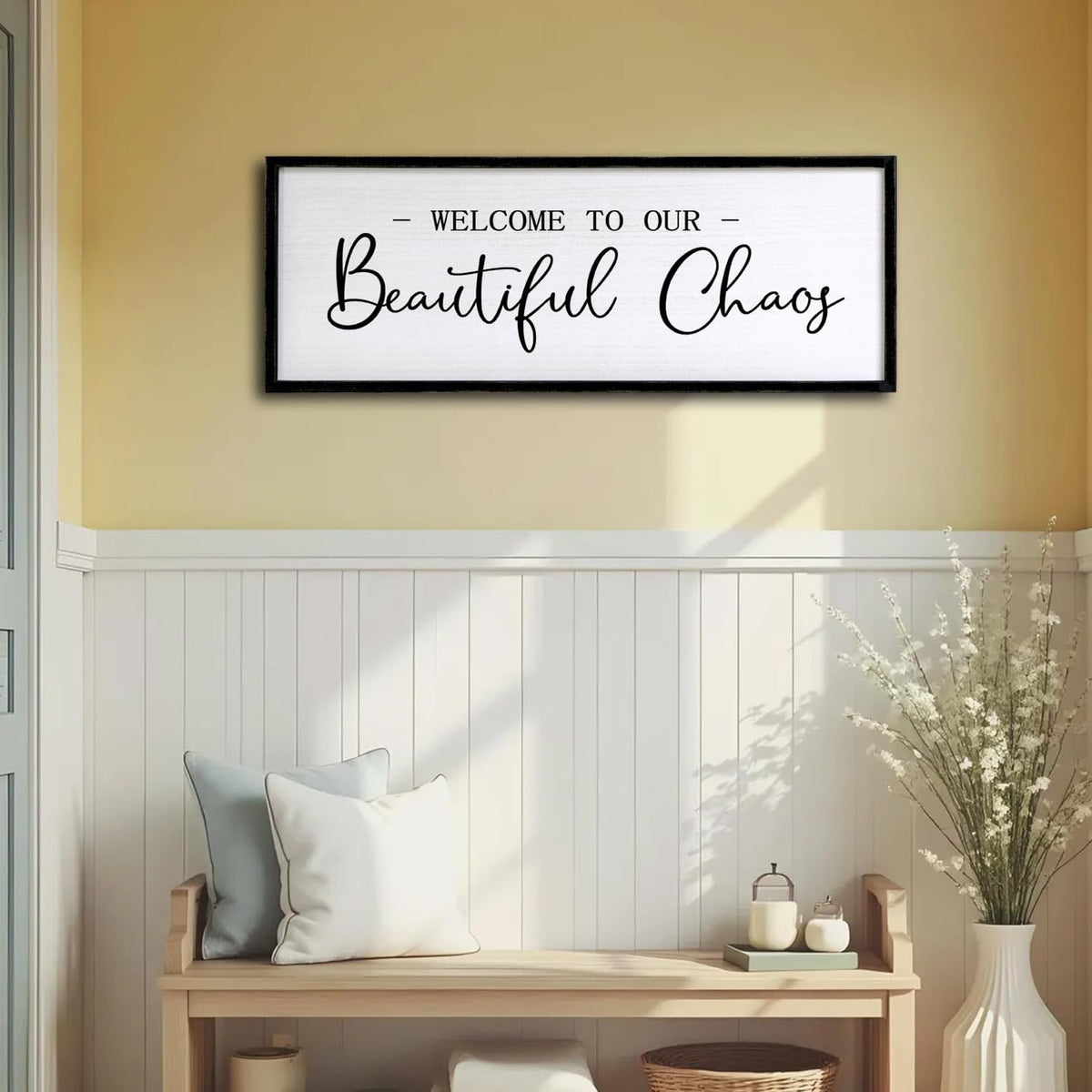 Welcome to Beautiful Chaos Framed Wall Art, 40''×15'' Rustic Horizontal Beautiful Chaos Plaque with Black Frame for Entryway Living Room, Farmhouse Long Welcome to our Chaos Wood Sign Wall Decor