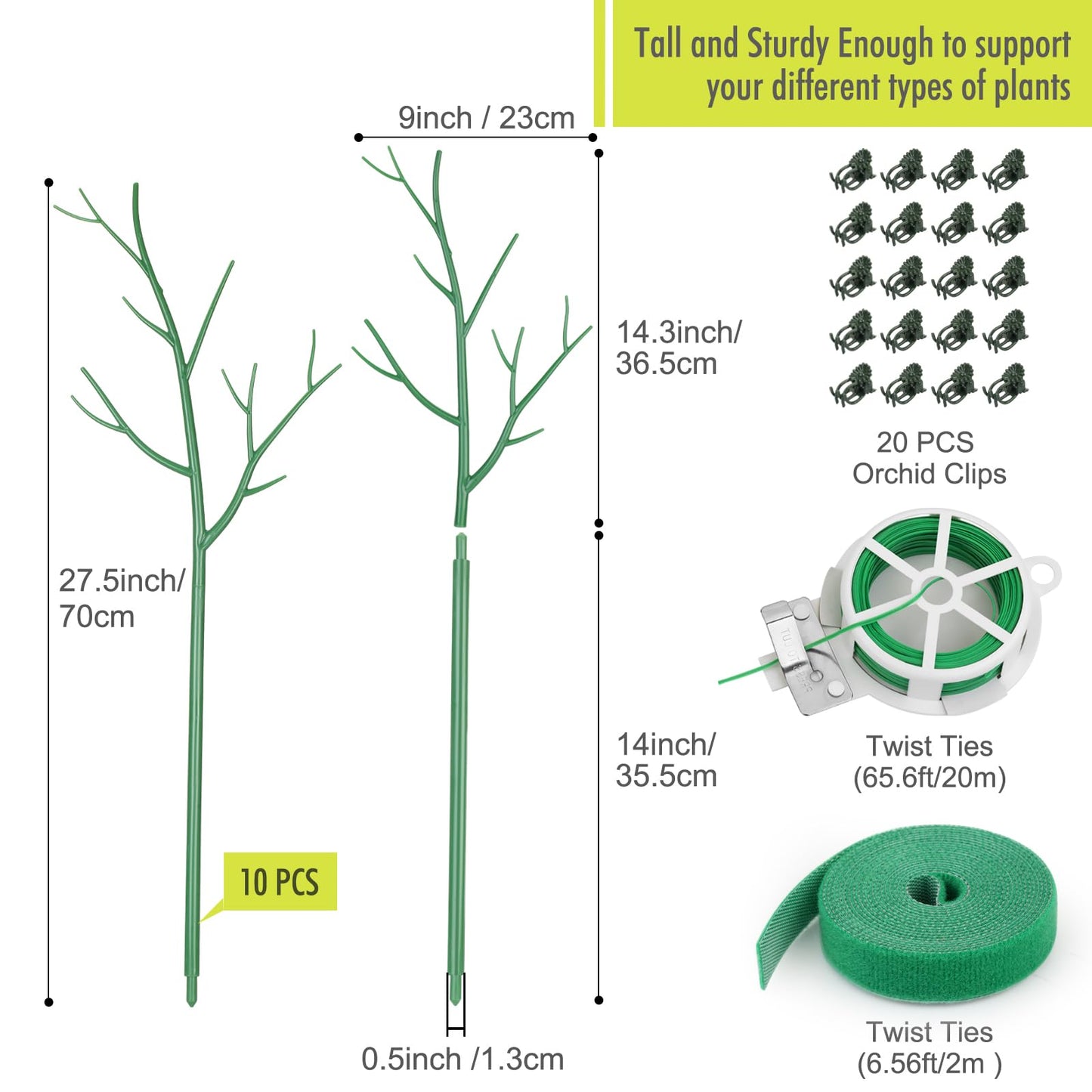 10 Pack Plant Support Stakes for Indoor Plants, 27.56 Inch Twig Plant Sticks with Orchid Clips Twist Ties and Plant Ties for House Potted Plants and Flower, Plastic Branches Support Structures, Green