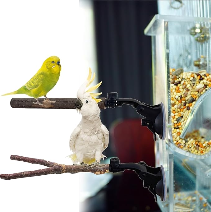 2 PCS Parrot Perch Stand, Natural Wood Bird Perch with Suction Cup Parrots Cage Shower and Window Wall Bath Standing Rack for Bird, Cockatoo, Macaw, Parakeet