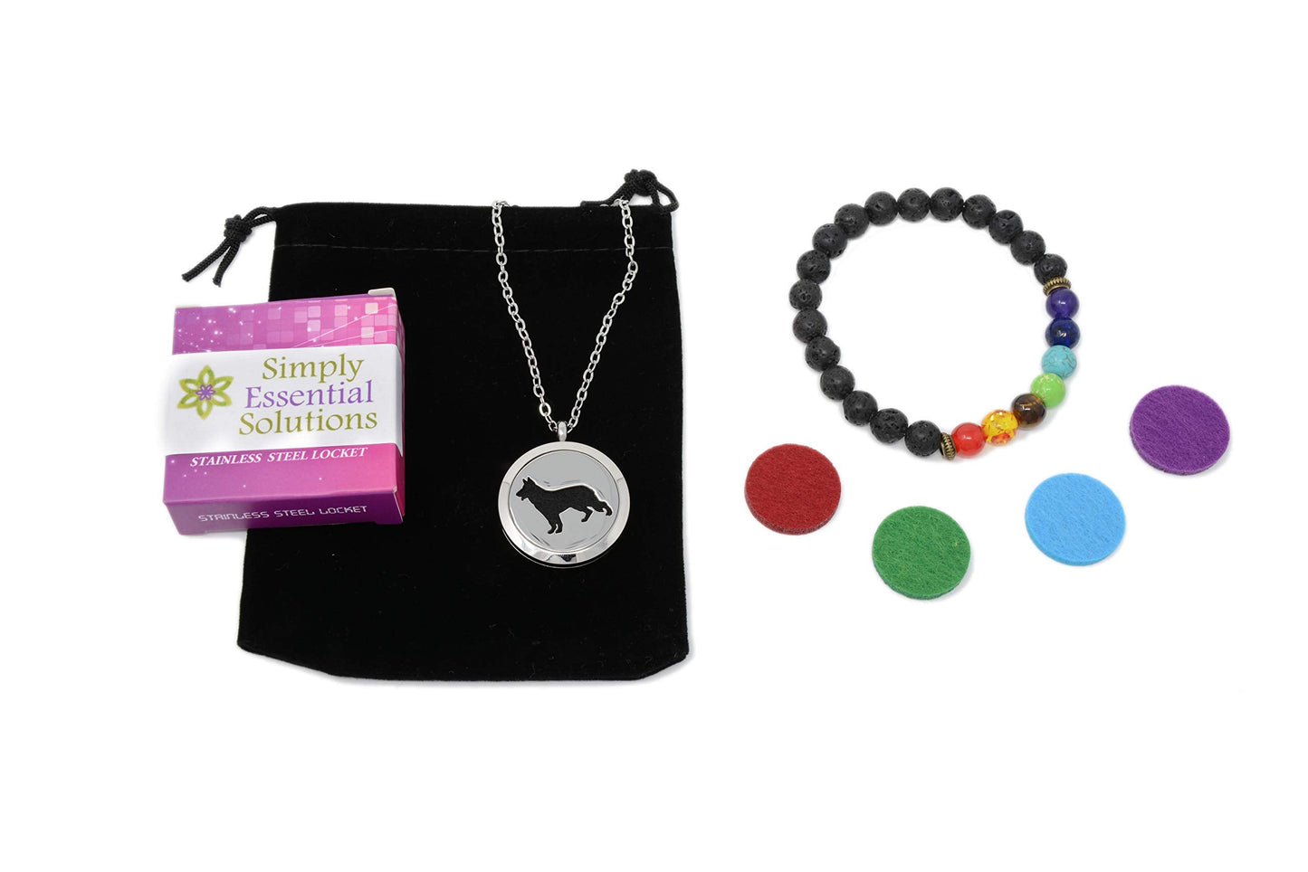 Aromatherapy Essential Oil Diffuser Stainless Steel 30MM Silver Magnetic Locket Pendant 2 Sizes Chain Necklace, Refill Pads & Diffuser Bracelet in a Velvet Bag (Dog)
