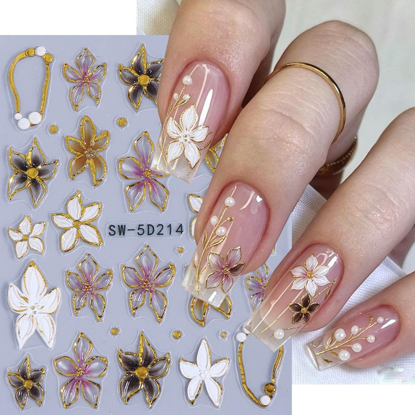 5D Flower Nail Stickers for Nail Art - Self-Adhesive 3D Embossed Floral Nail Decals with Starfish Shell & Bow Designs, Cute Summer Ocean Nail Stickers for Women DIY Manicure 4 Sheets