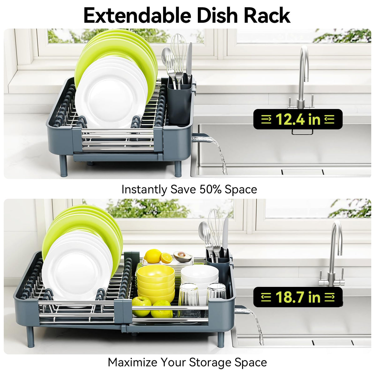 Extendable Stainless Dish Drying Rack for Kitchen Counter