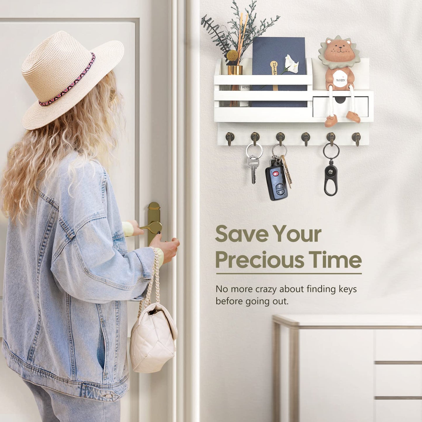 FifthQuarter Key Holder Wall Mount: Key and Mail Holder for Wall with 6 Hooks and Storage Drawer, Easy Installation Key Rack for Entryway Home Decor (A-White)