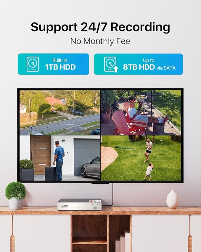 ZOSI 3K Lite 8CH Security Camera System with AI Human/Vehicle Detection, 8pcs 1920TVL 1080p Night Vision Outdoor Indoor Metal Cameras, H.265+ 8Channel DVR with 1TB Hard Drive for Home 24/7 Recording