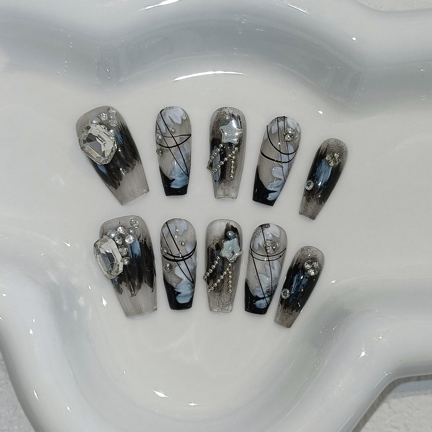 TENPAL 10PCS Gothic Coffin Press on Nails with Tools Kit - Black French Tips Fake Nails with Oriental Chain & Crystal Design | Dark Rebel Glue on Nails Medium | Icy Dark Elegant Chinese Style Nails(S)