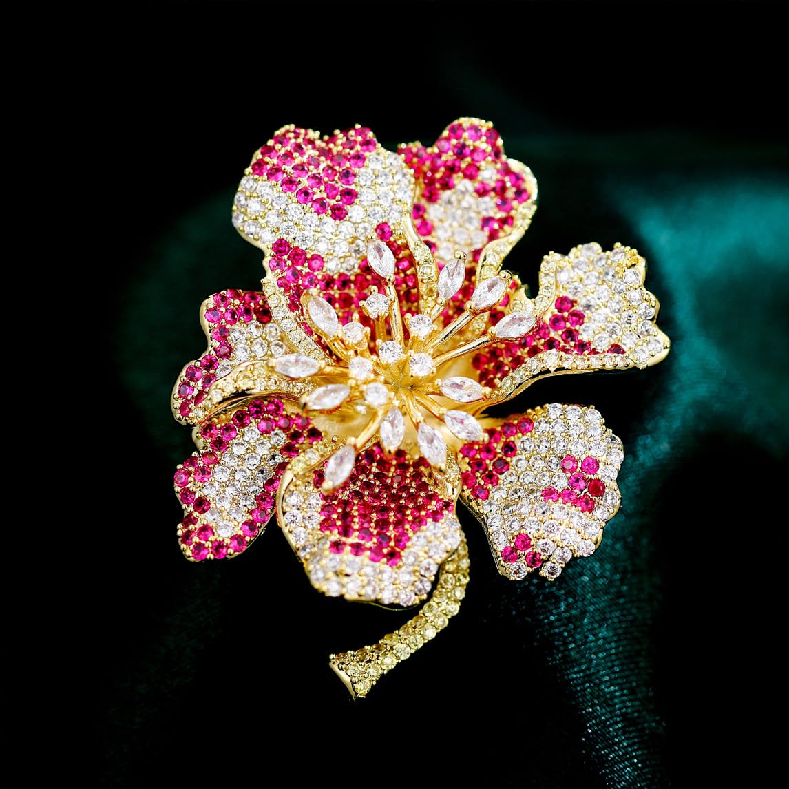 EMEGCY Pink Flower Brooch for Women Orchid Brooch Pin Gold Plated Flower Lapel Pin Rhinestone Jewelry Mother's Day Gift for Wife Mom Valentine's Day