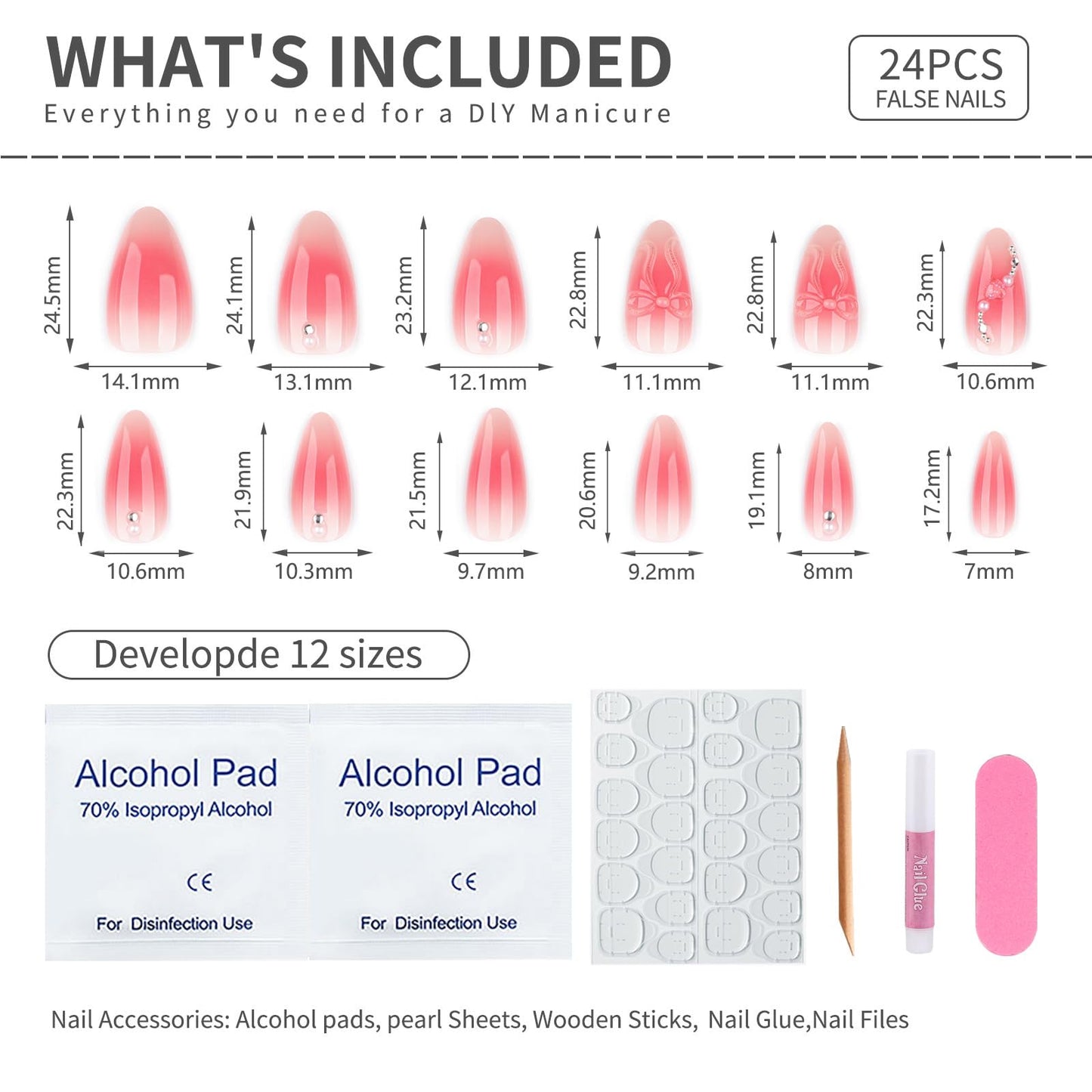 Mivota Pink Ombre Soft Gel Press On Nails 24PCS – 3D Bow Almond Fake Nails with Rhinestones, Glossy Reusable Glue On Nails for Women, Salon Quality Cute Natural Gradient Nail Tips
