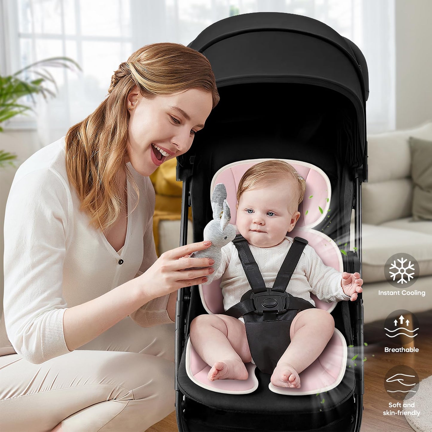 Baby Stroller Cooling Pad Universal Soft Cooler Pad Breathable Adjustable Car Seat Liner Detachable 2-Piece Cooling Cushion Fits Strollers, Car Seat, High Chair, Bassinet, Swing