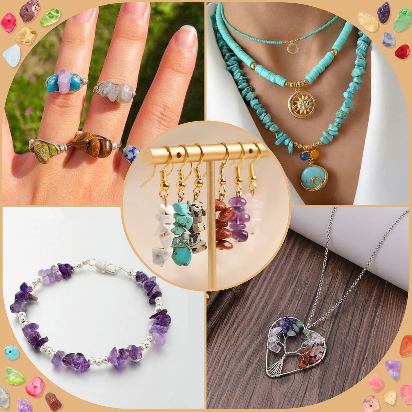 500 pcs Natural Chip Stone Beads, Hot Multicolor 5-8 mm Irregular Gemstones Healing Crystal Loose Rocks Bead Hole Drilled for Jewelry Making Bracelet