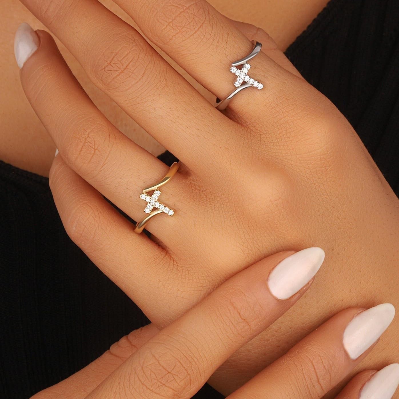 Punhem Gold Cross Statement Rings for Women 14K Gold Silver Tone Non Tarnish Cute Band High Polished Smooth Comfort Fit Size 5-10