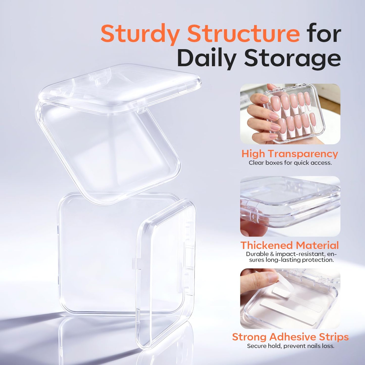 modelones 10pcs Press On Nail Storage Case Clear Acrylic Fake Nails Packaging Box with 30pcs Adhesive Double Sided Tape & 10pcs Nail Tool Kits Nail Supplies Container Transparent for Nail Salon DIY