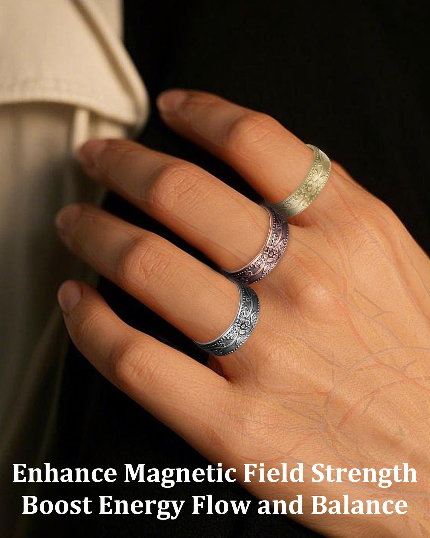 BioMag Magnetic Lymphatic Drainage Ring Set, 3 Pcs 99.99% Pure Copper Rings for Women with 3500 Gauss Magnets, Adjustable Size, Floral Branch and Leaf Pattern