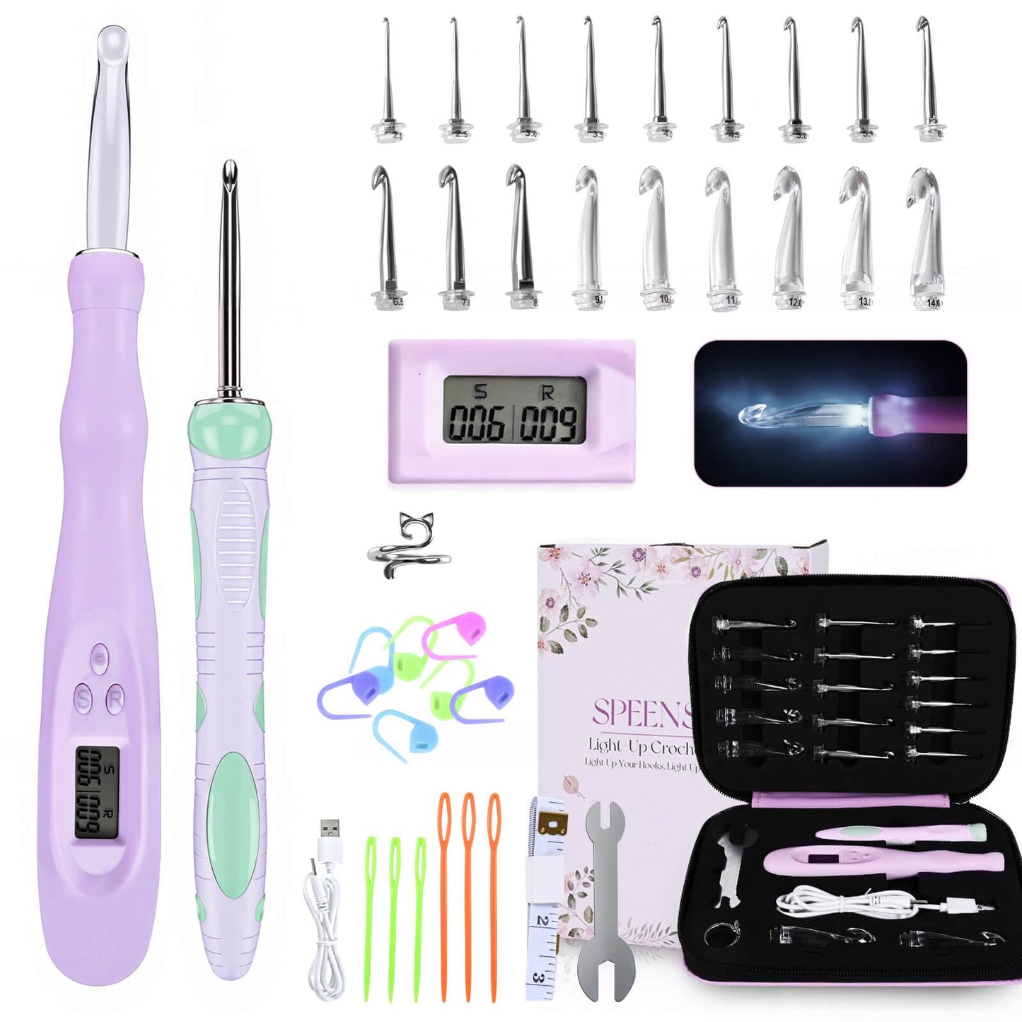 SPEENSUN Light Up Crochet Hook Set with Stitch/Row Counter, 18 Replaceable Heads (2mm-14mm) Crochet Hooks, Bright/Low Light Modes with Ergonomic Handle, 7-9hrs Runtime, Gift Box for Crafters
