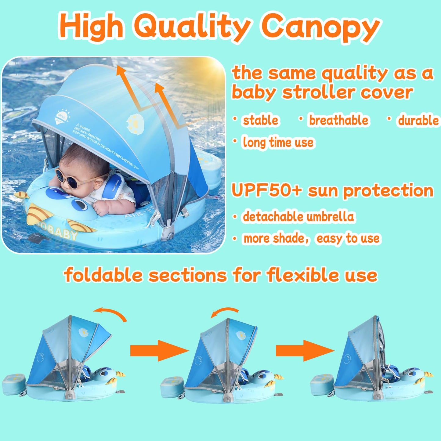 Mambobaby Float Add Tail No Flip Over Non-Inflatable Baby Swim Float Pearl Foam Solid Water Floats Smart Swim Trainer Infant Pool Float Swim Ring with Sun Canopy