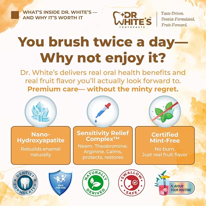 Dr. White’s Fluoride-Free nHA Toothpaste 3-Pack; Dentist-Formulated, Nano Hydroxyapatite + Xylitol, Sensitivity Relief Complex™, Mint-Free, Enamel Safe, Swallow-Safe (3.5 Oz, Mango Joy)