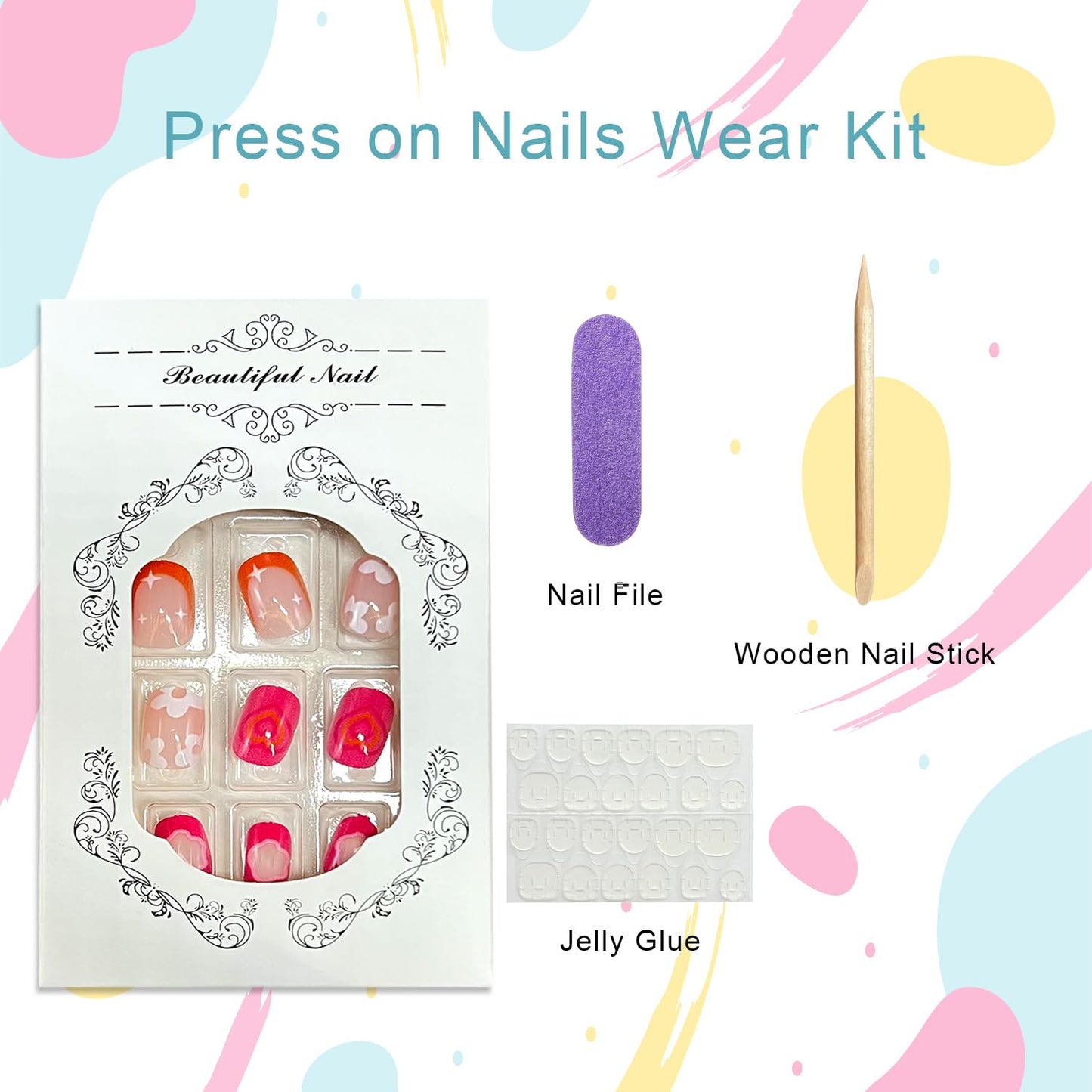 Flower Press on Nails Short Square Fake Nails with Heart Checkered Design Cute Floral False Nail Spring Stick on Nail for Women 24Pcs