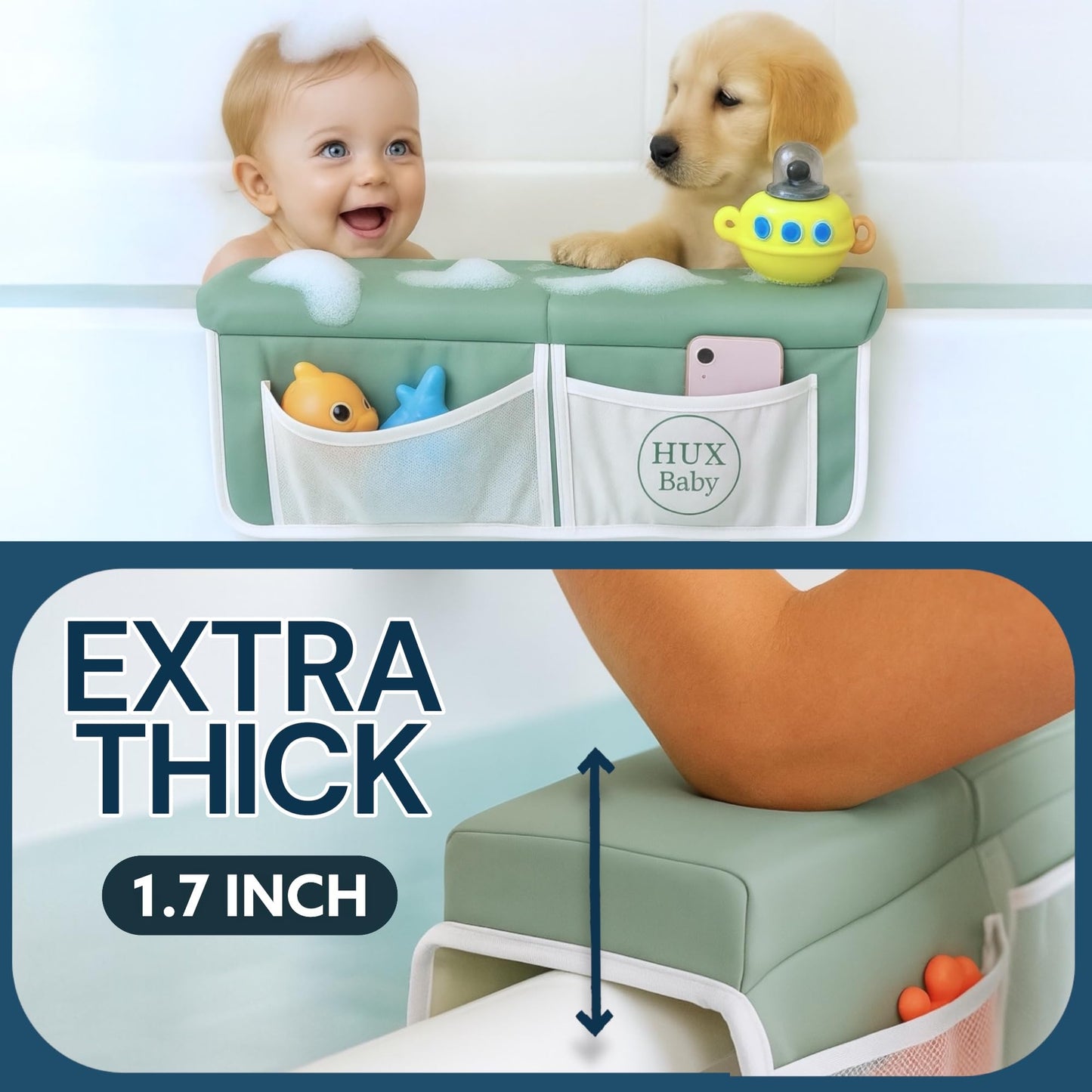 Comfortable Baby Bath Kneeler and Elbow Rest Pad Set, Non-Slip Bathtub Kneeling Pad for Bathing Baby, Bath Tub Cushion Mat, Elbow Pads, Toy Organizer Storage Pockets, Strong Suction Cups (Green Gray)
