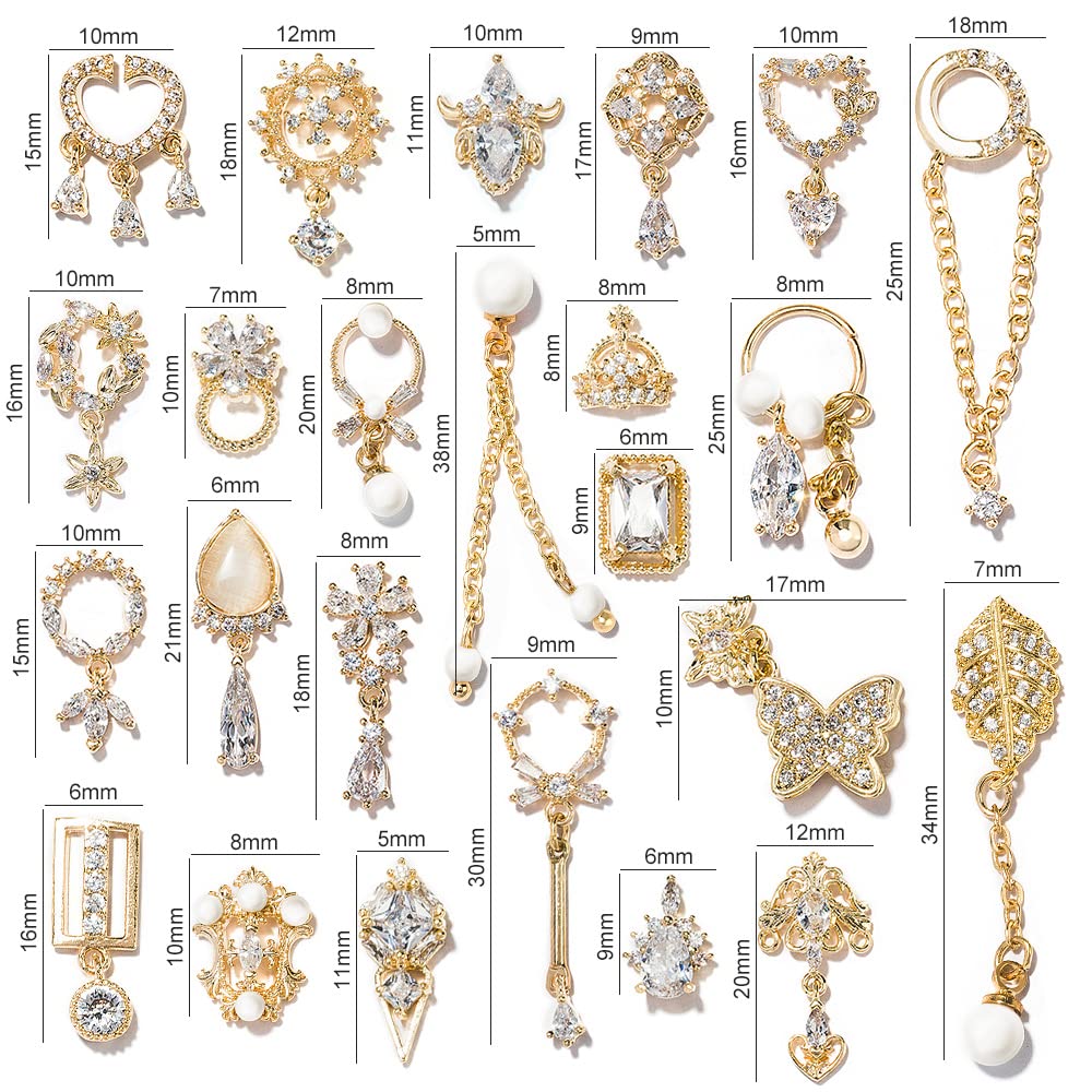 HNUIX Nail Charms and Gems - Gold Copper Zircon, Multiple Shapes, Metal Jewelry Rhinestones Charms, 24Piece