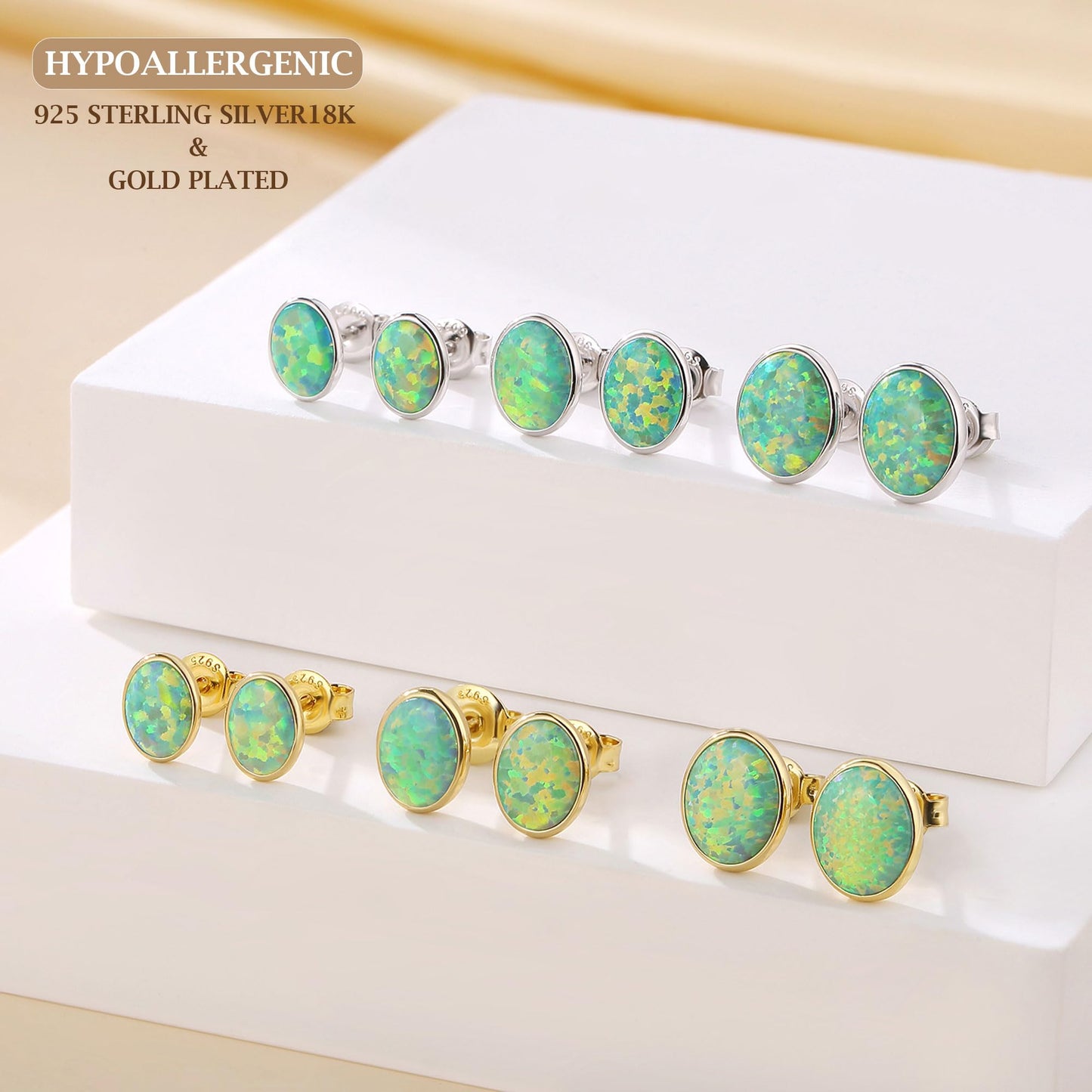 JiayangJY Silver Green Fire Opal Stud Earrings for Women 18K Yellow Gold Plated Sterling Silver Oval Shape 6mm Opal Earrings with Push Back
