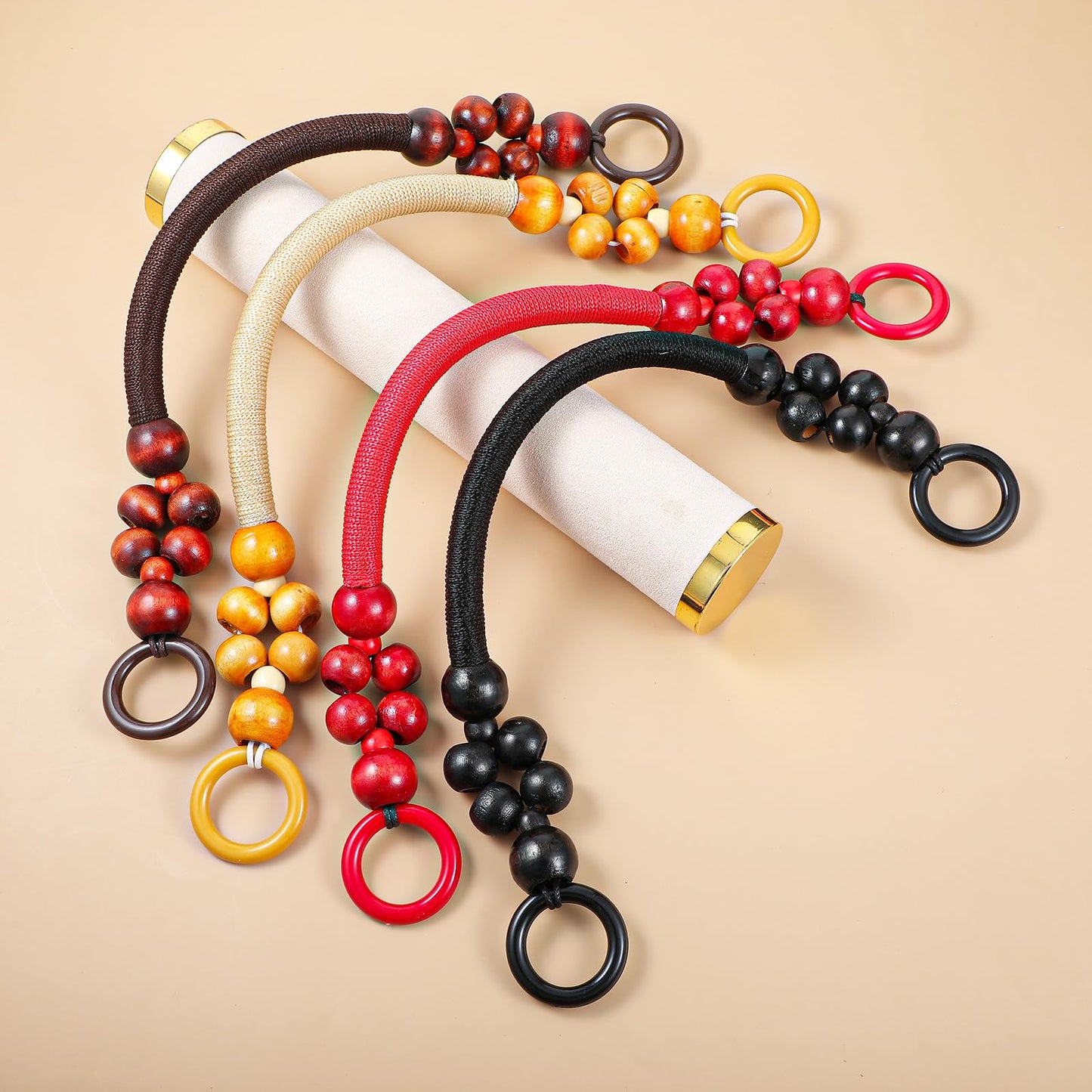 10 PCS Wooden Beaded Purse Handles, 5 Colors Rustic Bead Purse Strap Handles Replacement, Nylon Bag with Beads and Rope for Summer Beach Macrame Crochet Bag DIY Supplies (18.5 in)