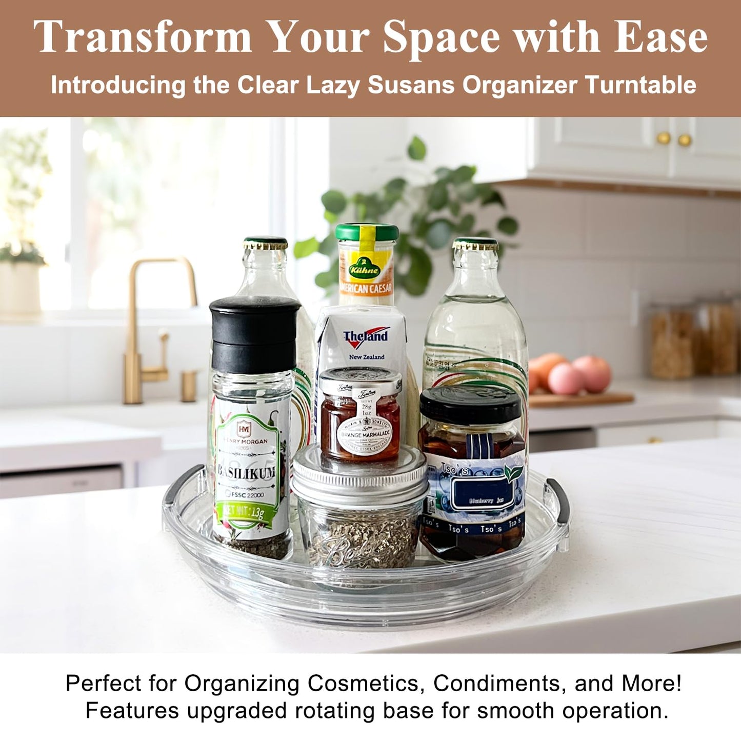 Clear Lazy Susan Organizer Turntable for Cabinet Table Top, 9.25 Inch 2 Pack 360 Rotating Spinning Makeup Organizer for Vanity, Kitchen Storage Rack Heavy-Duty Pantry Spices Tray Countertop Organizer