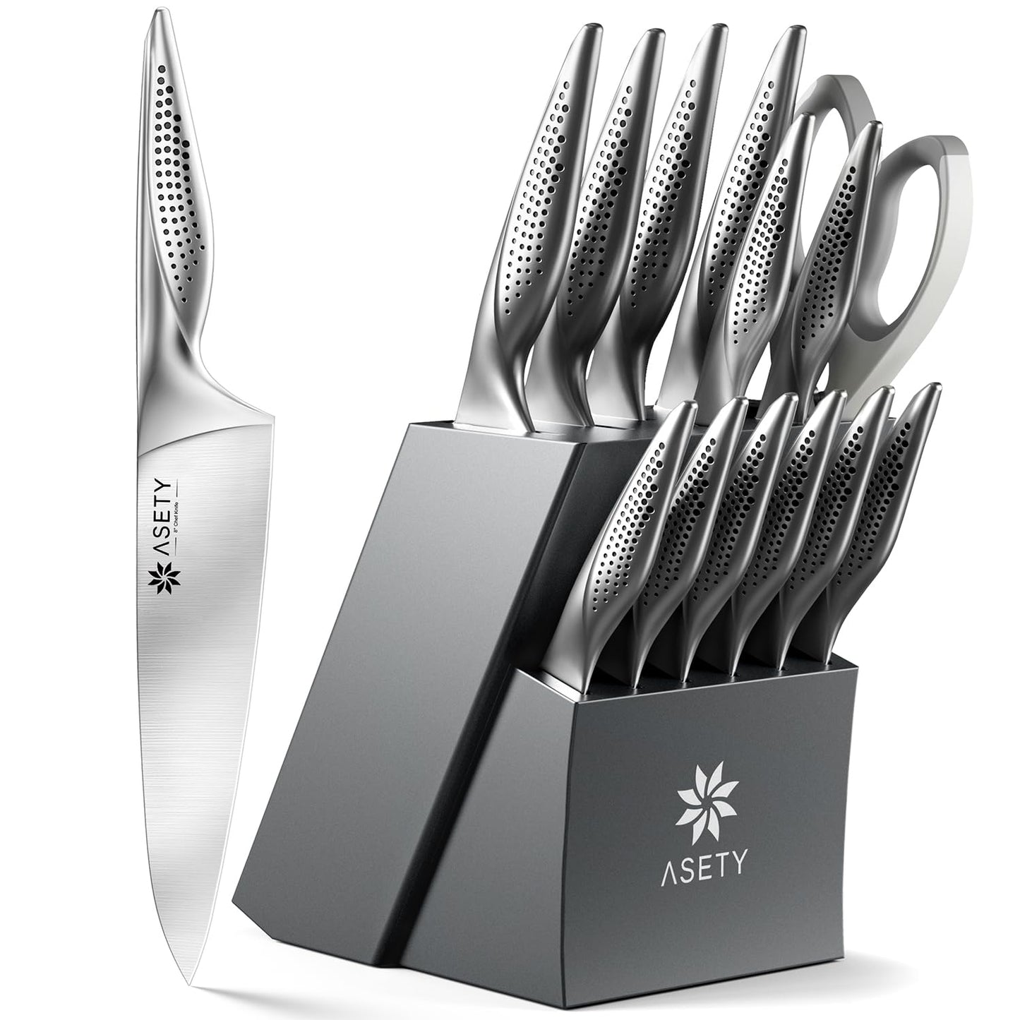 ASETY Knife Set - Ultra Sharp Knives Set for Kitchen with block, 15 PCS Stainless Steel Knife Set with Built-in Sharpener, Ergonomic Non-Slip Handle, Elegant Box for Men Women, Mothers Day