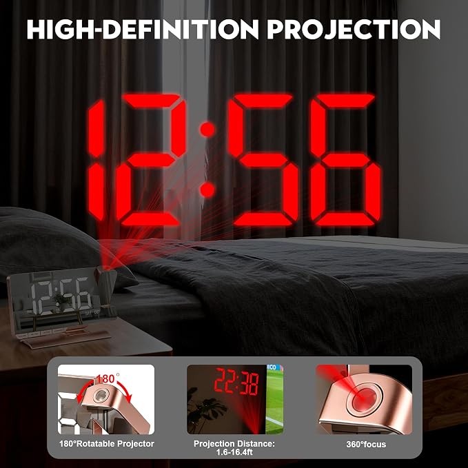 SZELAM Alarm Clock Bedside with Projection Digital Clock,7.3" Mirror Clock with 180°Rotating Projector,Dual Alarm with 3 Mode,Brightnee Adjust,DST,Snooze,Charging Port,5 Levels Volume for Desk Teens