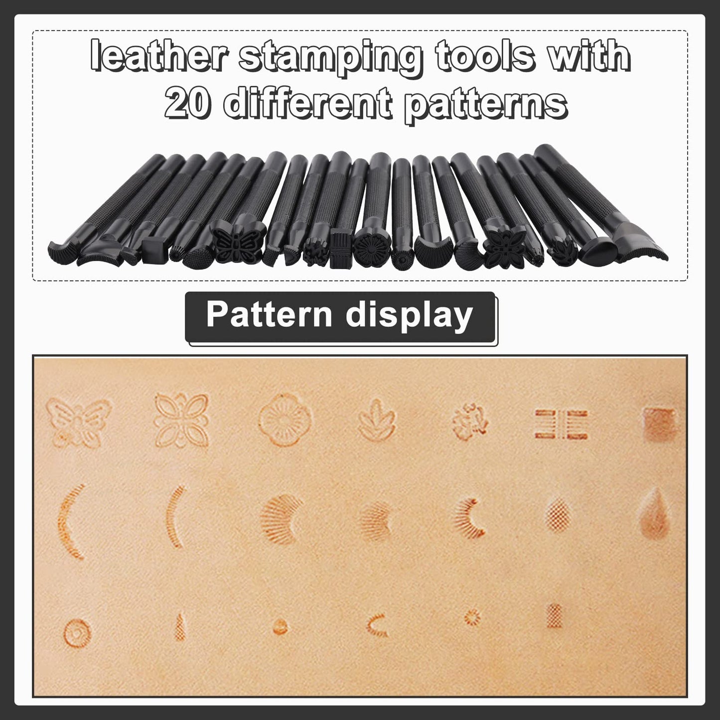 Wonvoc 21 Pcs Leather Stamp Set, Leather Stamping Kit with 20 Patterns, Leather Design Tools, Leather Stamping Tools Geometric, Leathercraft Stamping Tools with Mallet for DIY Leather Crafts