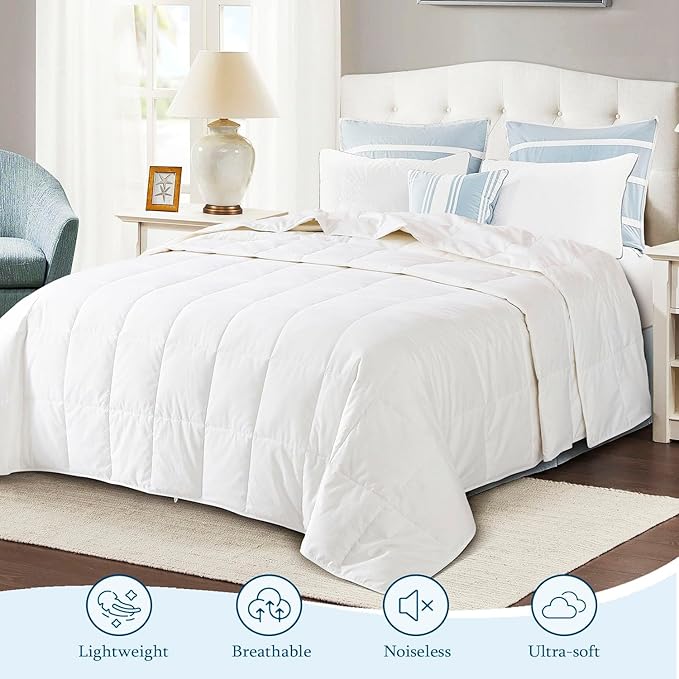 Globon Summer Down ComforterBlanket Queen Size, Extra Lightweight Duvet Insert for Hot Sleepers, Noiseless & Extra Soft,90x90 inches,10 Ounce Fill Weight, White