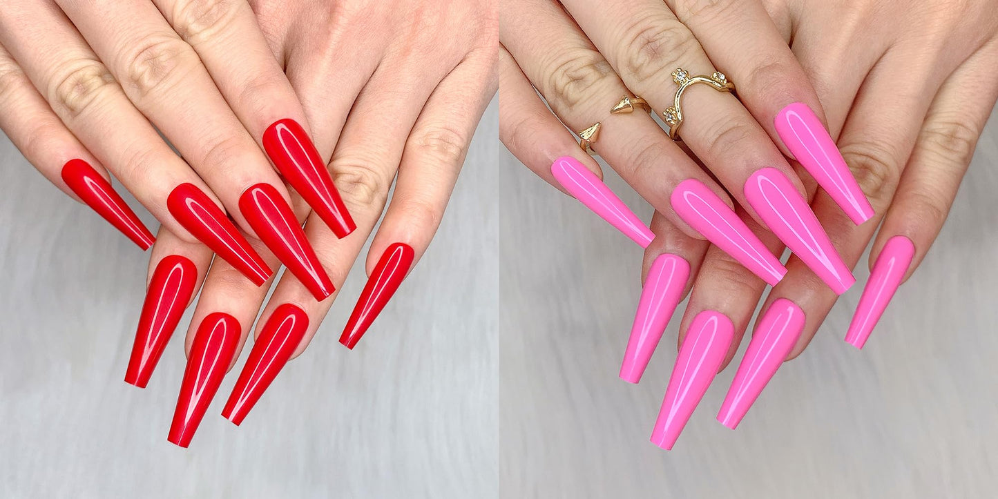 Artquee 2 Pack Set 1 Red Long Coffin Press on Nails Kit & 1 Pink Long Coffin Press on Nails Kit