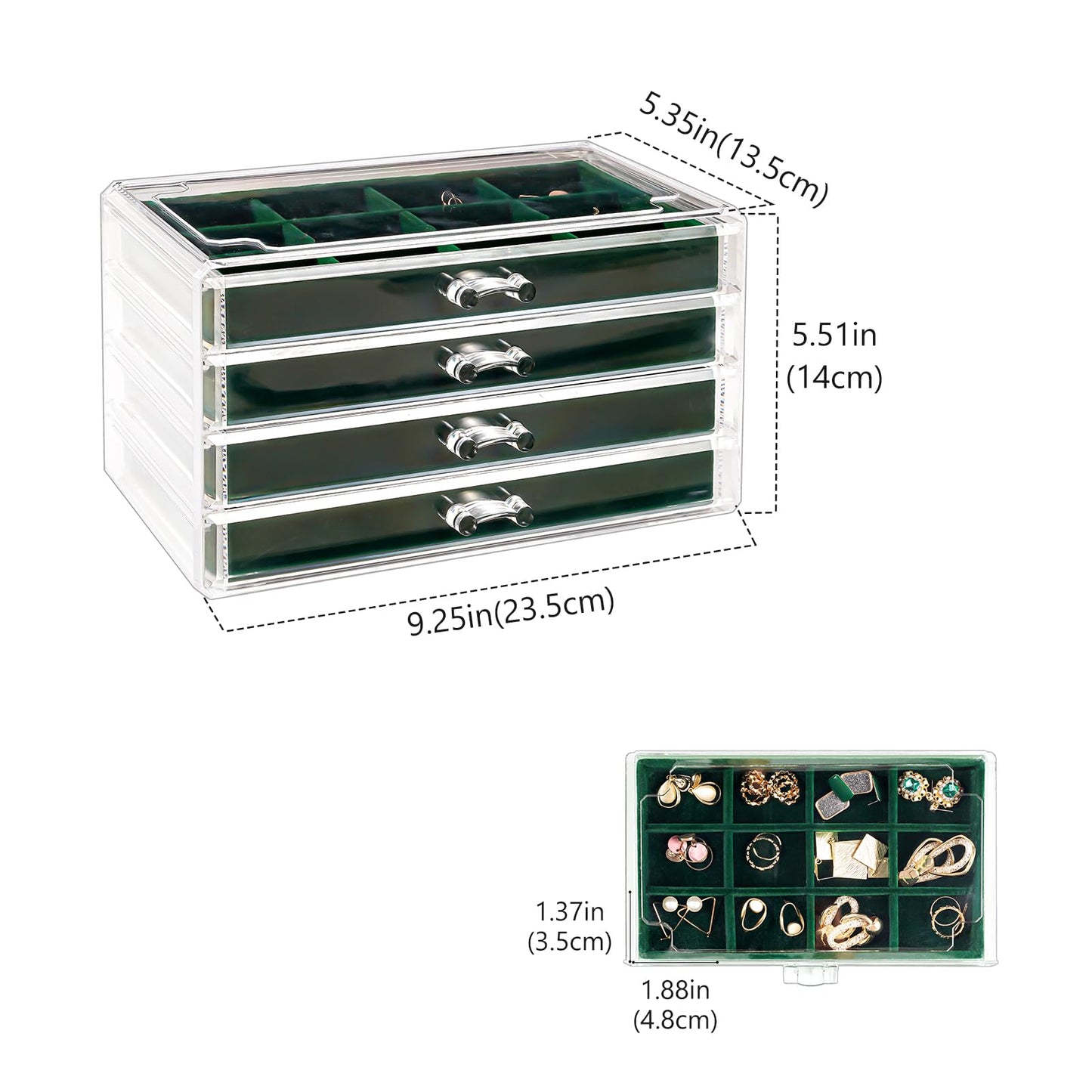 Lolalet Earring Holder Organizer Box Jewelry Storage with 4 Drawers, Clear Acrylic Stackable Earring Case with Adjustable Velvet Trays for Women on Dresser Vanity -Emerald, 4 Layers