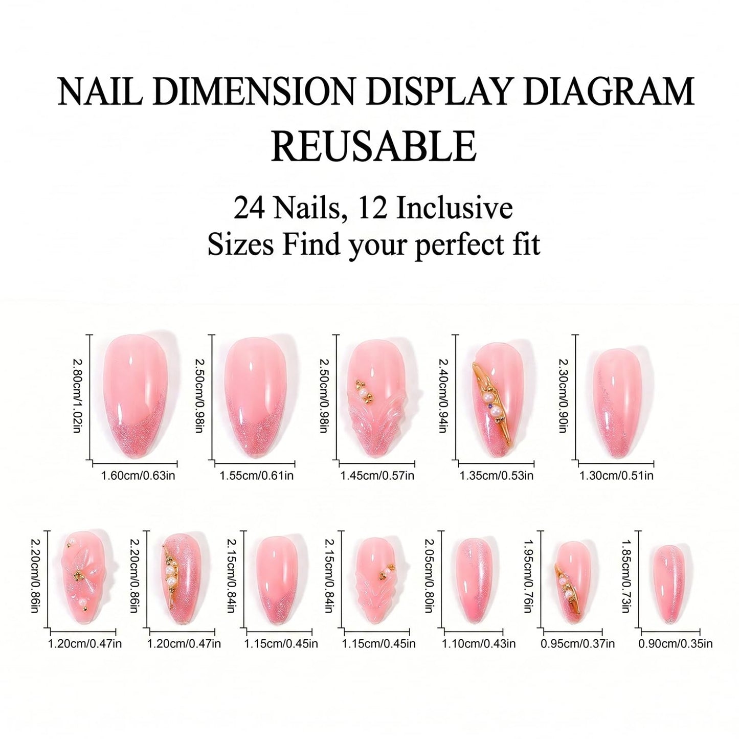 IMRAIN Almond Press on Nails, Medium Fake Nails, 3D Sculpted Pink Flower Gold Chrome, 24Pcs Reusable Glue on Nails for Women, Salon Quality