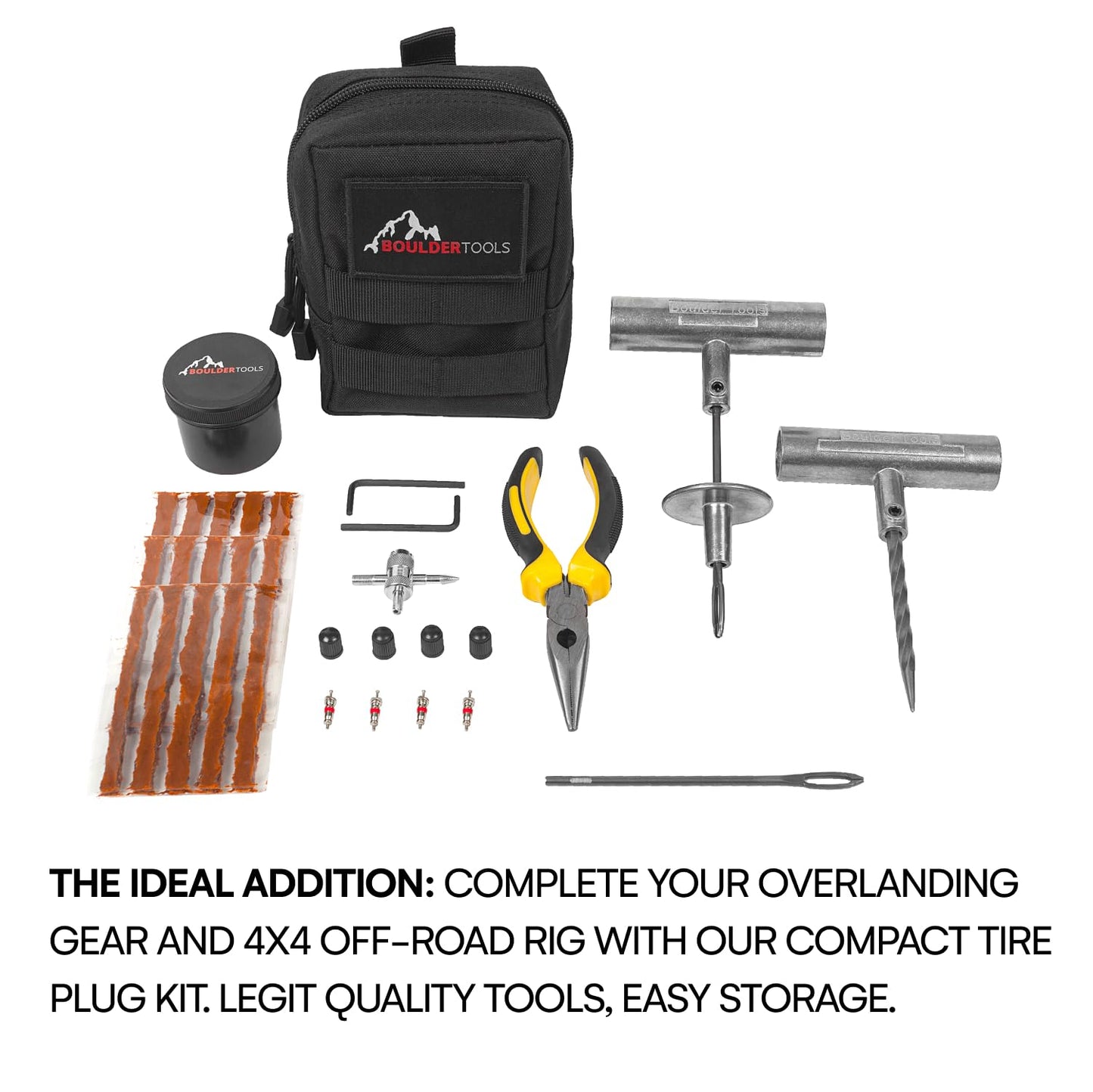 Boulder Tools - Compact Tire Repair kit with Molle Storage Pouch. Heavy Duty Universal Tire Plug Kit, Easily Stores Inside Your UTV, ATV, Truck, Motorcycle, Overlanding Gear or RV