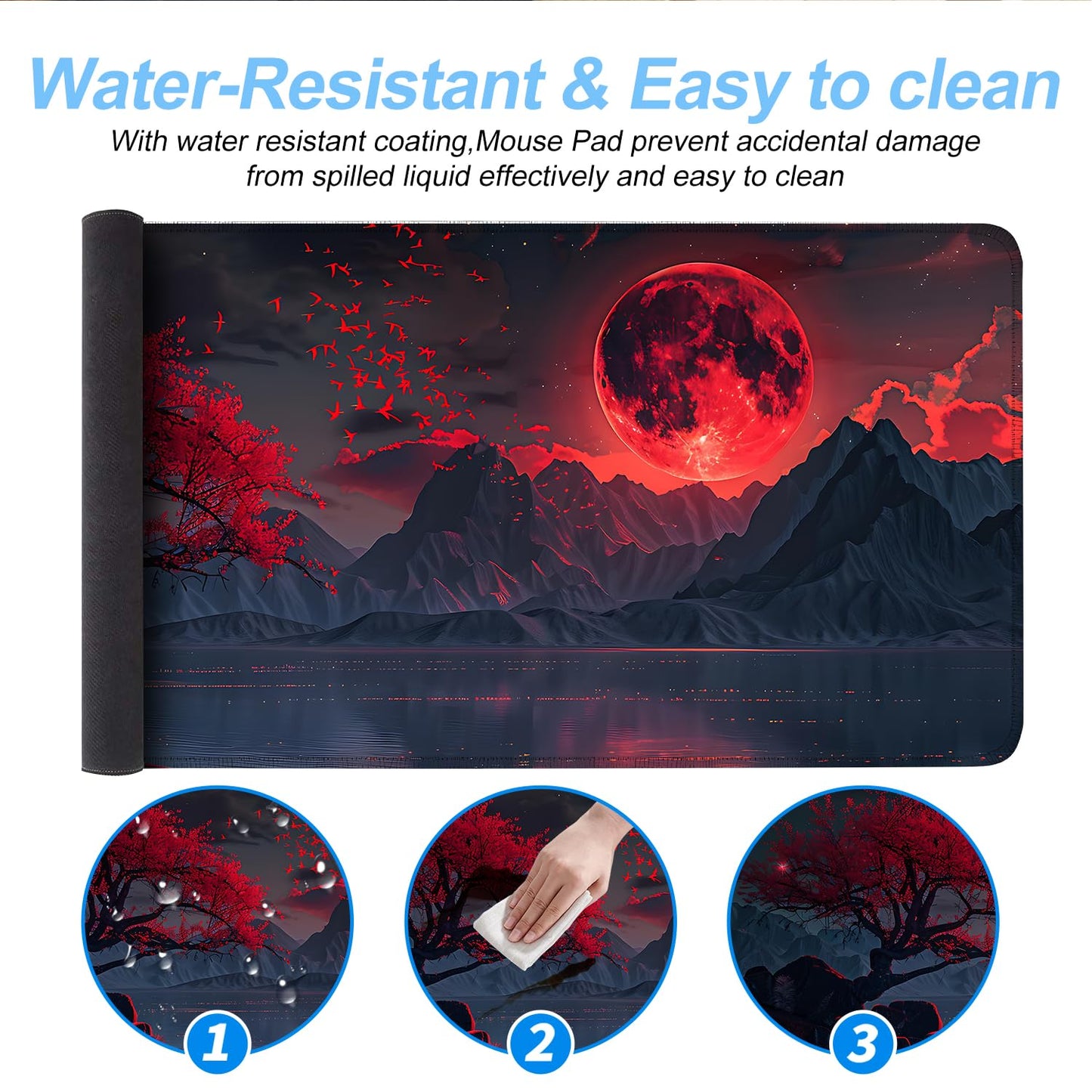 Red Moon Mouse Pad XXL – Large Gaming Desk Mat with Dark Mountain Landscape & Sakura Tree, Extended Mousepad with Non-Slip Base for Office, Gamer Setup,31.5 x 11.8 in