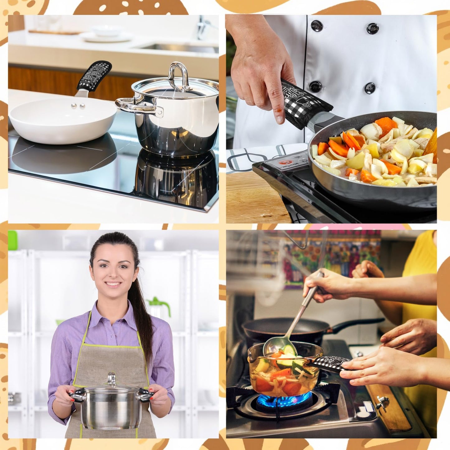 Patelai 8 Pcs Cast Iron Skillet Handle Cover Heat Resistant Pan Handle Sleeve Non Slip Pot Holders Home and Kitchen Theme Black and White Buffalo Plaid Handles Mitts for Kitchen Cooking Cookware Tools